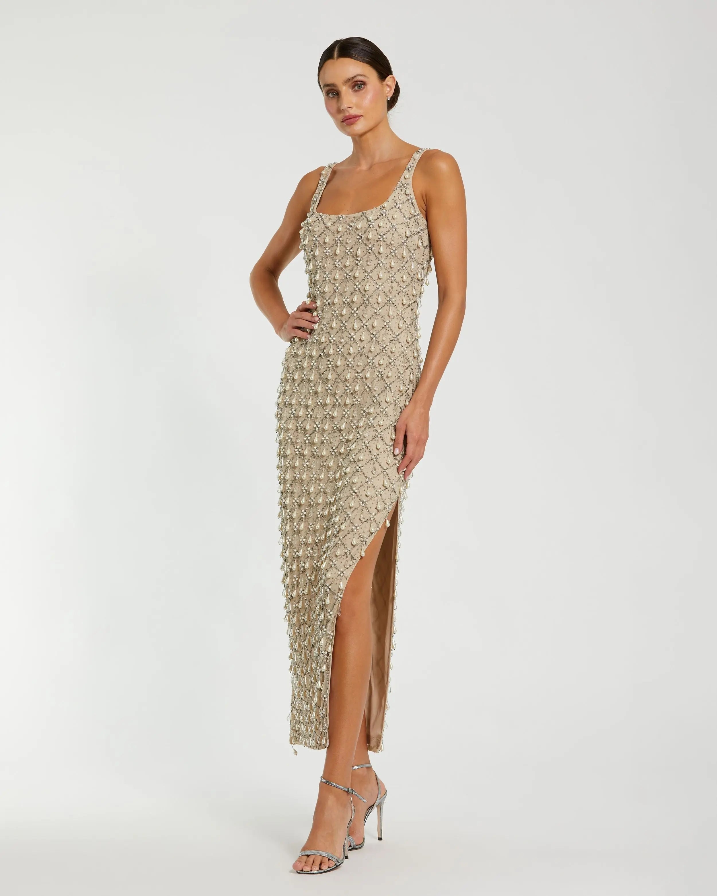 mac duggal beaded midi dress 10084 Scoop Neck the waist is nipped cotton and linen Elegant Satin A-line V-neck Size:Youth - G14 Girls  Size 14