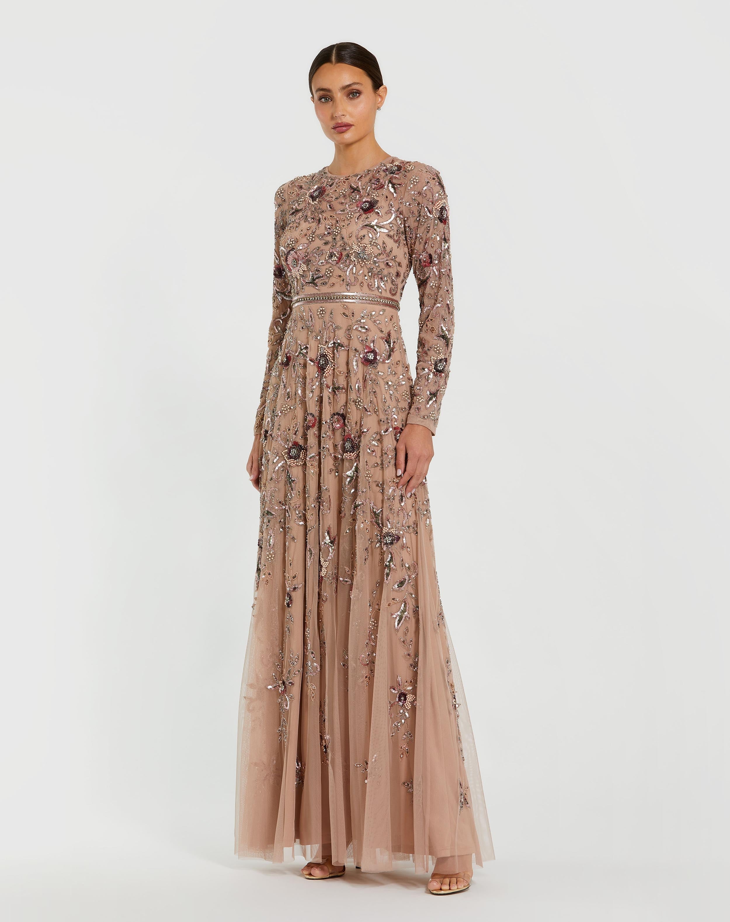 mac duggal embellished a-line dress Green Embellished Long Sleeve A-Line Gown