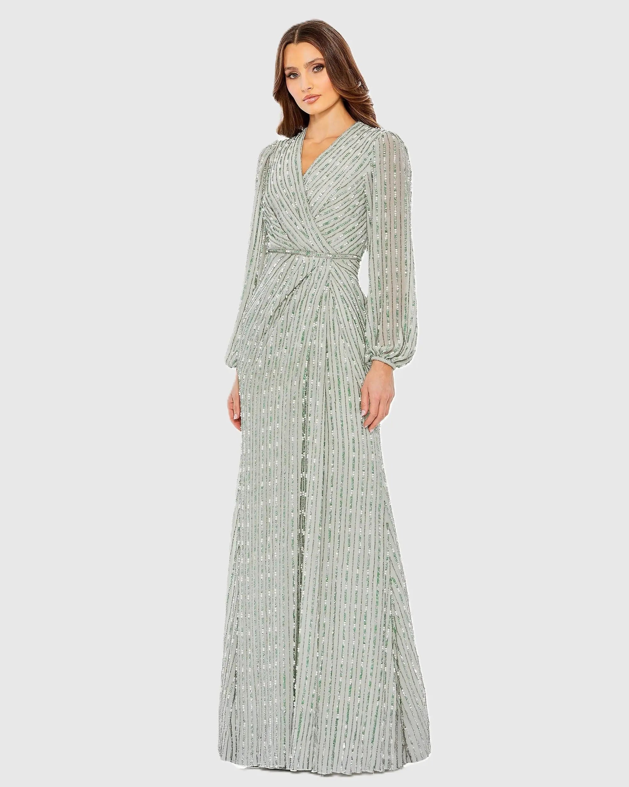 Mac Duggal 10871 Beaded Bishop Sleeve Wrap Gown Dress | FOSTANI
