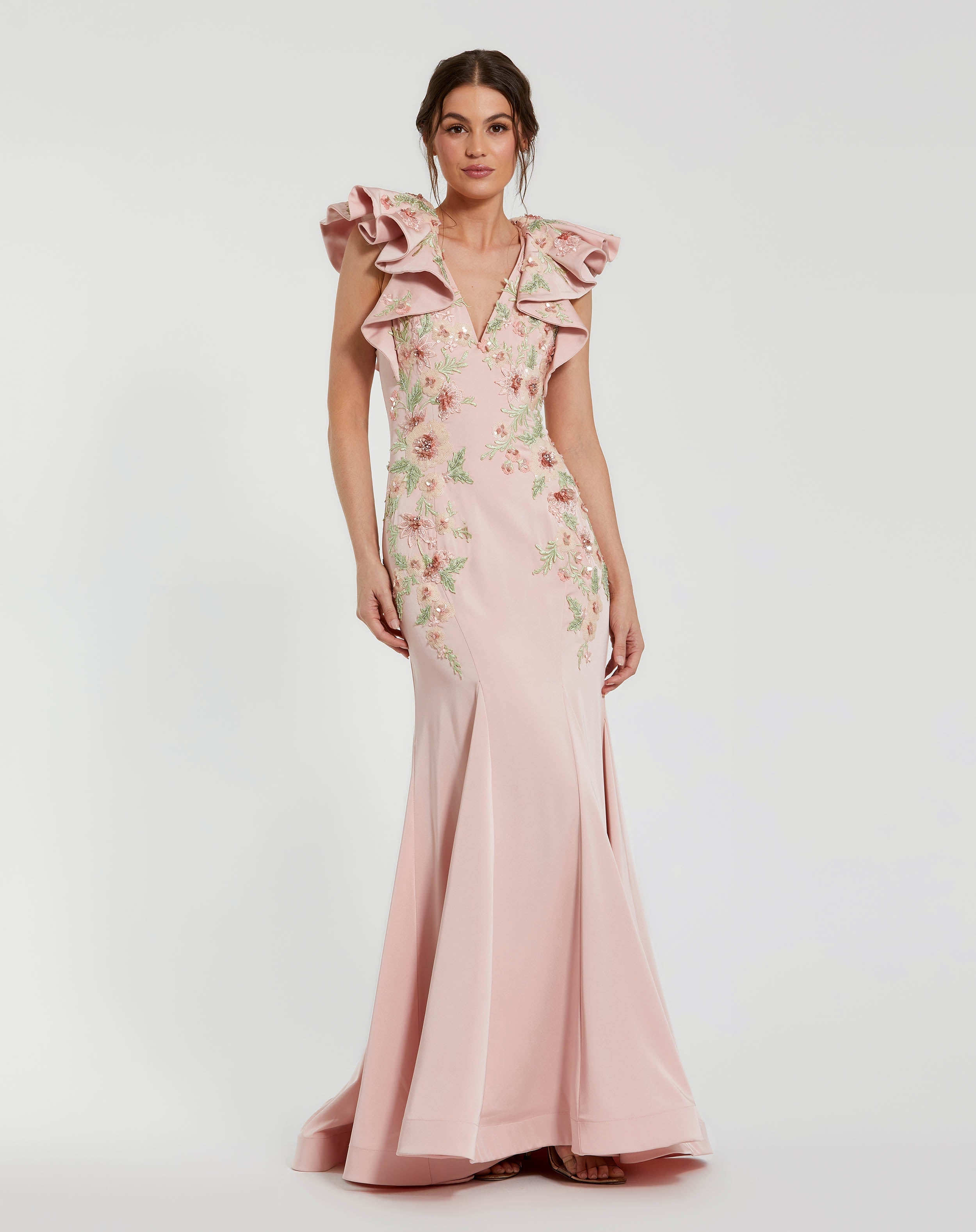 mac duggal mermaid dress Pink Flutter Sleeve Embellished Mermaid Gown