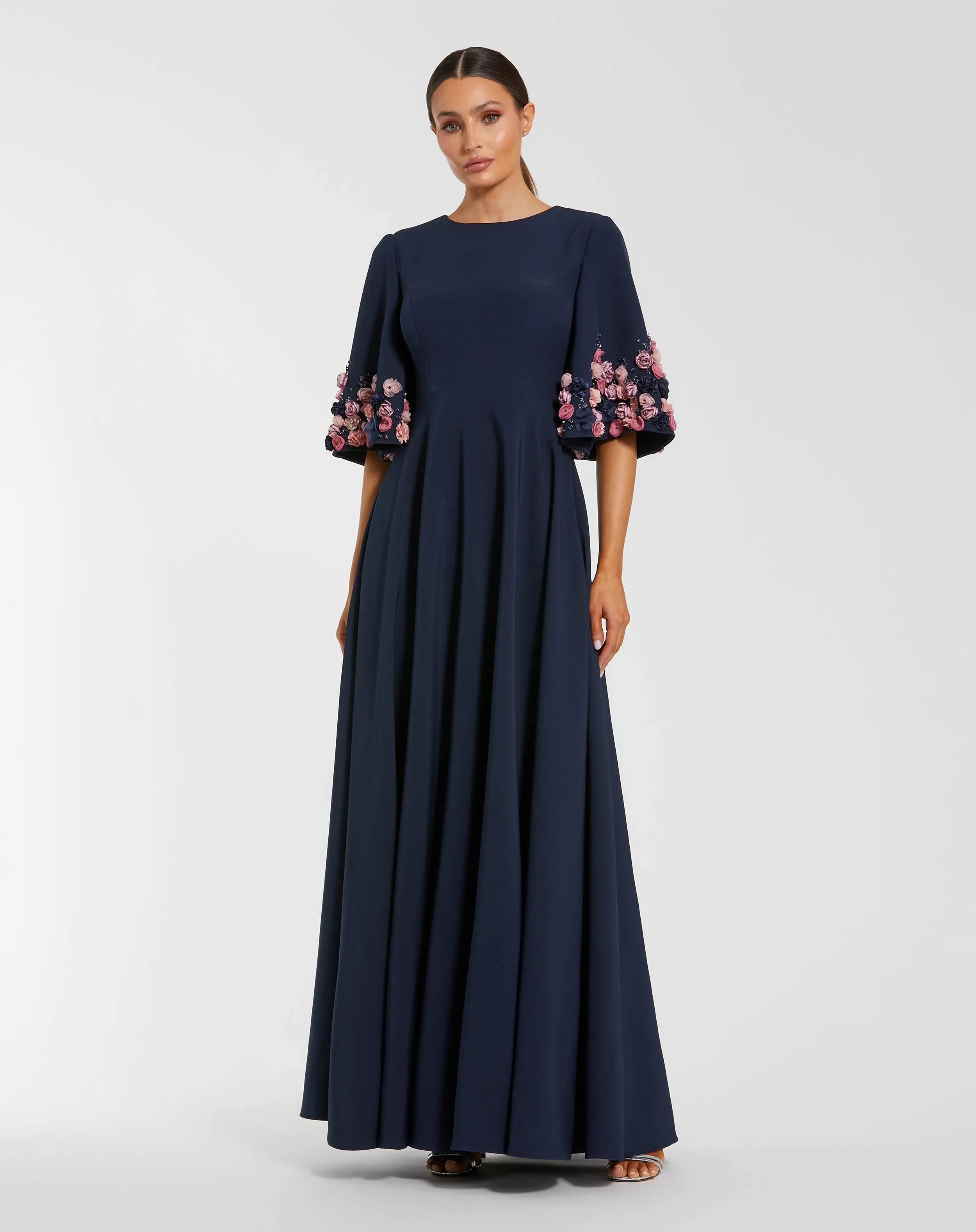 mac duggal a line dress Mac Duggal 11854 Crepe 3/4 Sleeve A-line Dress With Flower Trim