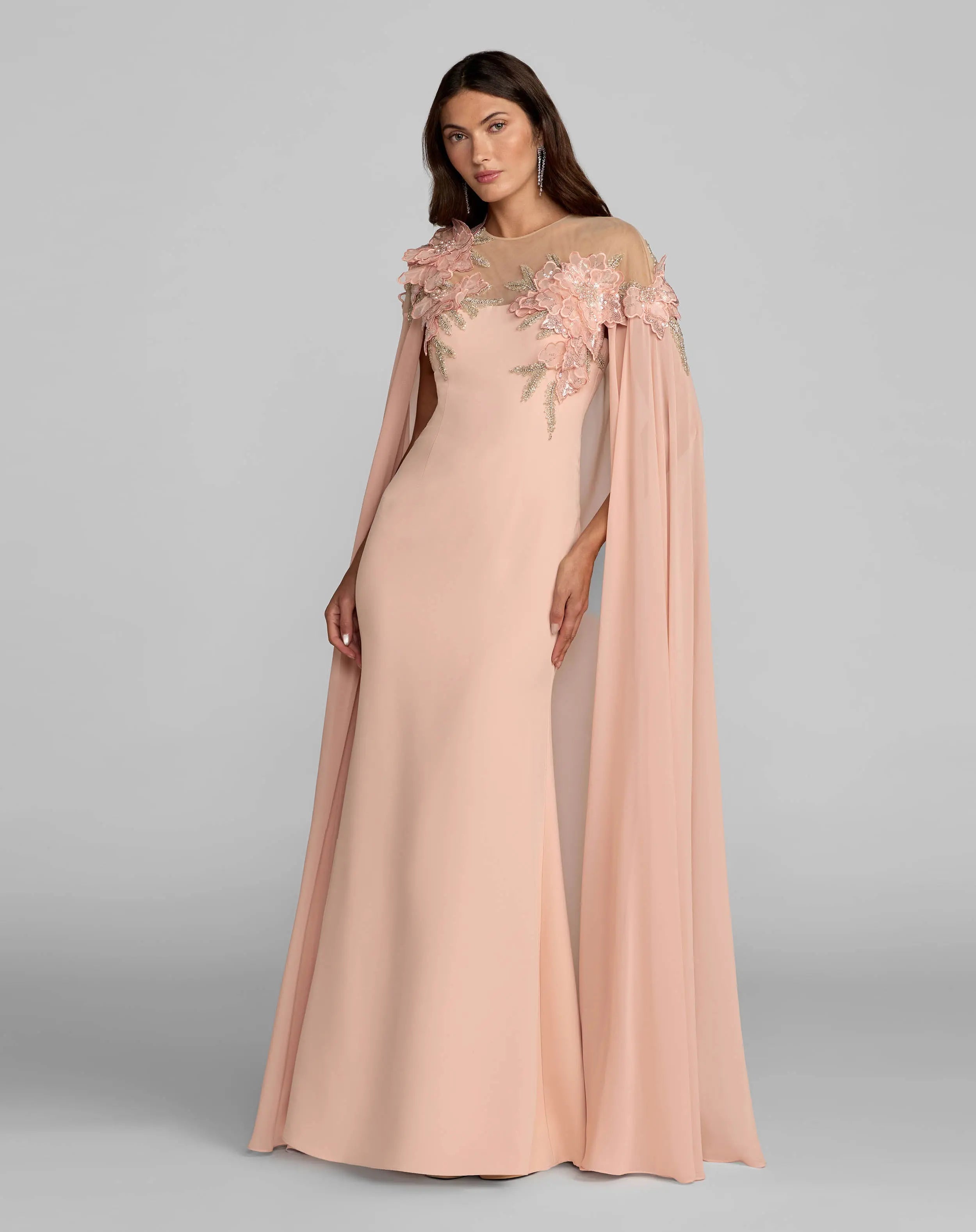 Mac Duggal - Pink Embellished Crepe Gown With Chiffon Cape
