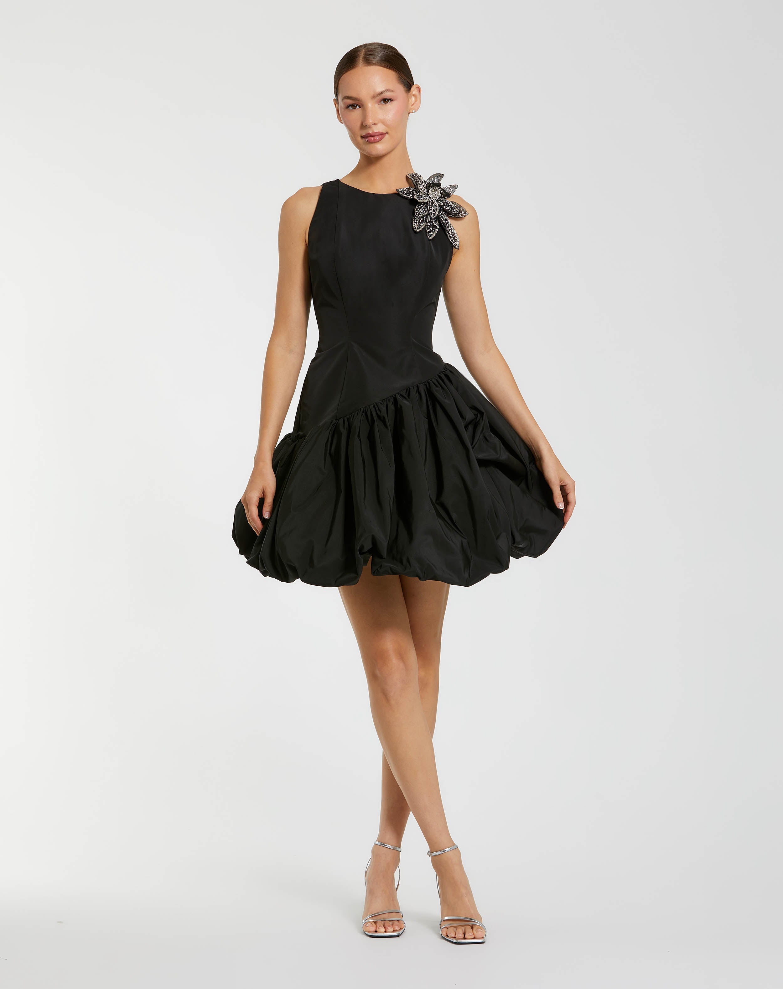 Ieena for Mac Duggal - Black Bubble Hem Mini Dress with 3D Floral Appliqu