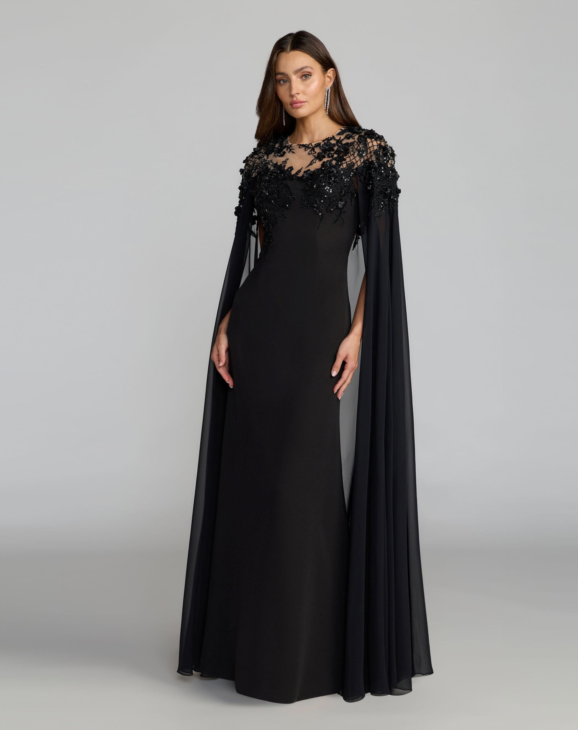 Mac Duggal 11954 Floral Embellished Crepe Gown With Chiffon Cape