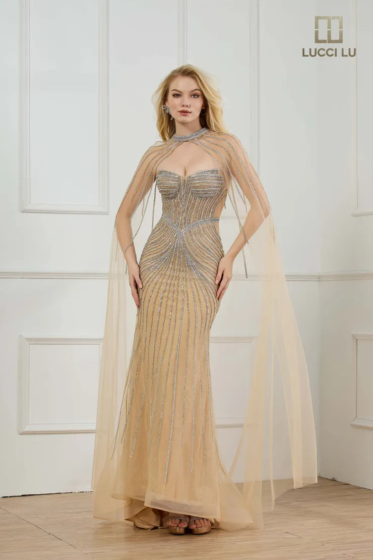gold prom dress with cape Ladivine J834