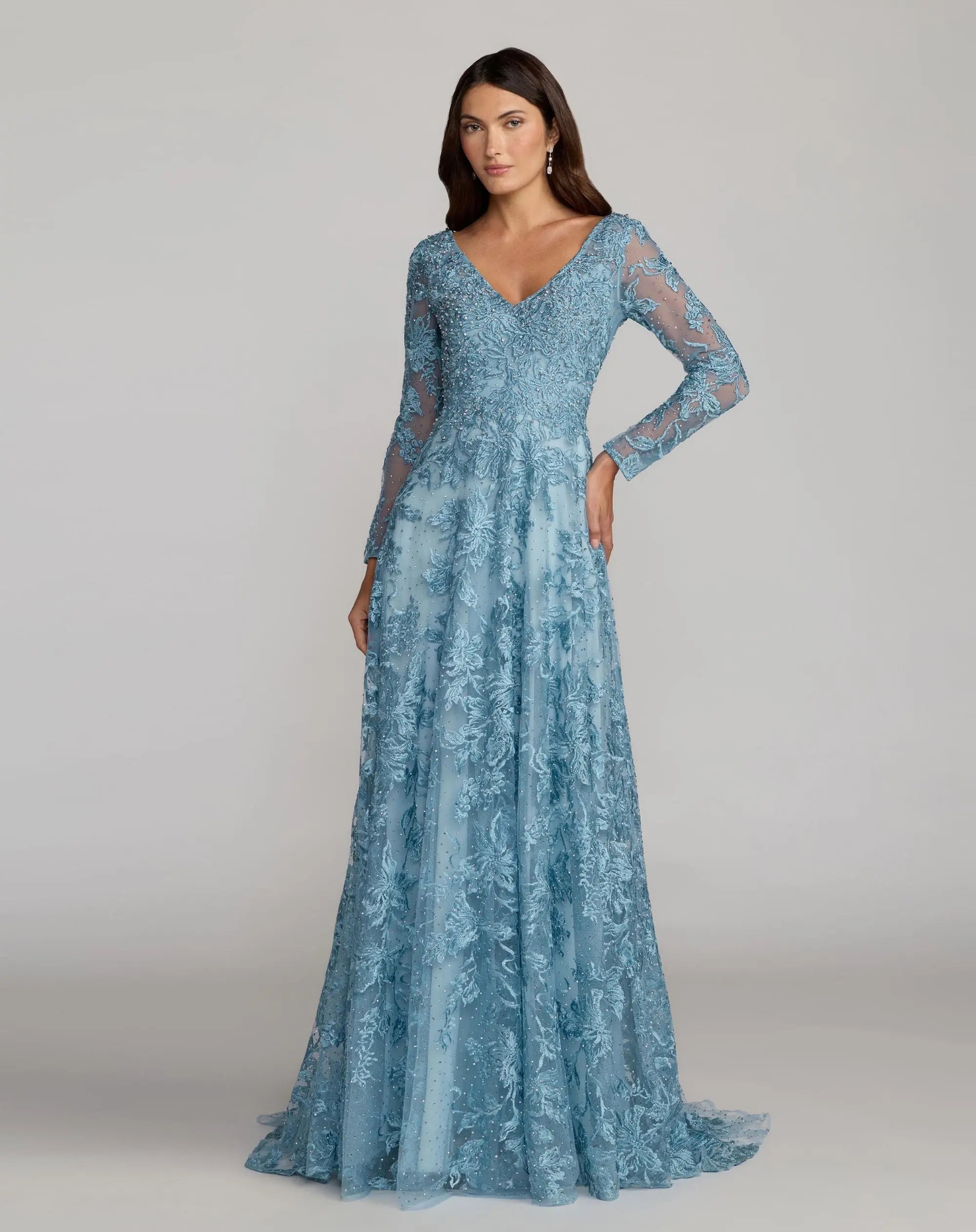 Mac Duggal Women's Embellished Illusion Long Sleeve V Neck Gown - Blue - Size 8