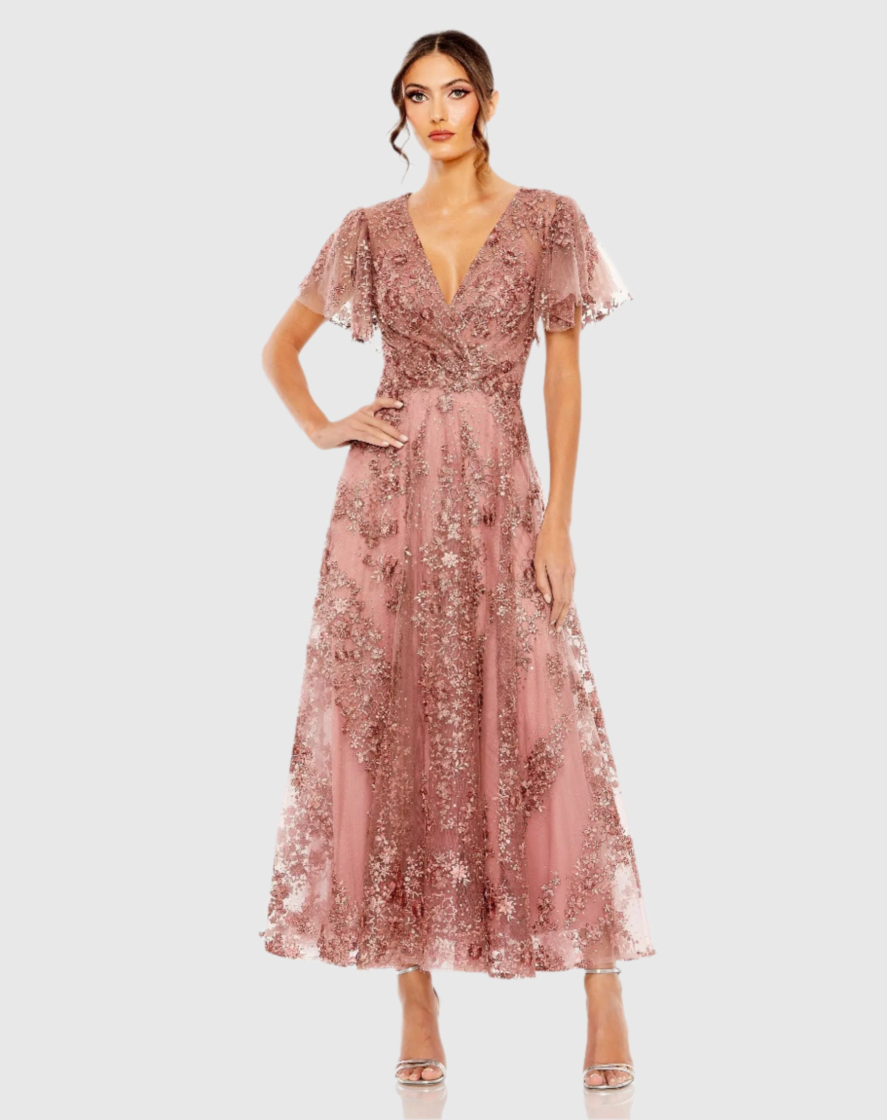 Mac Duggal 20486 Embroidered Flutter Sleeve A Line Dress | FOSTANI