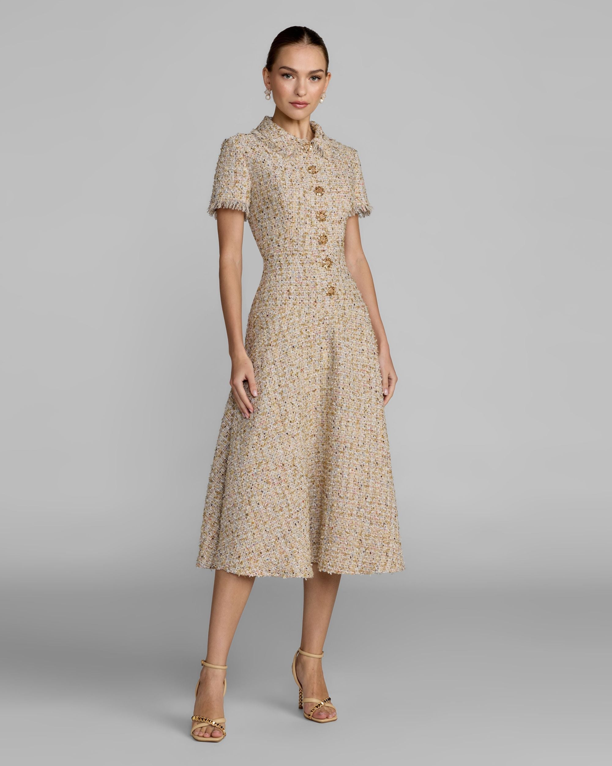 boucle midi dress Mac Duggal Cap Sleeve Collared Neck A-Line Dress, Womens, 8, Ecru Multi 68% Polyester Primary color:Darck Blue Statement Alexander Wang Hotfix Crystal