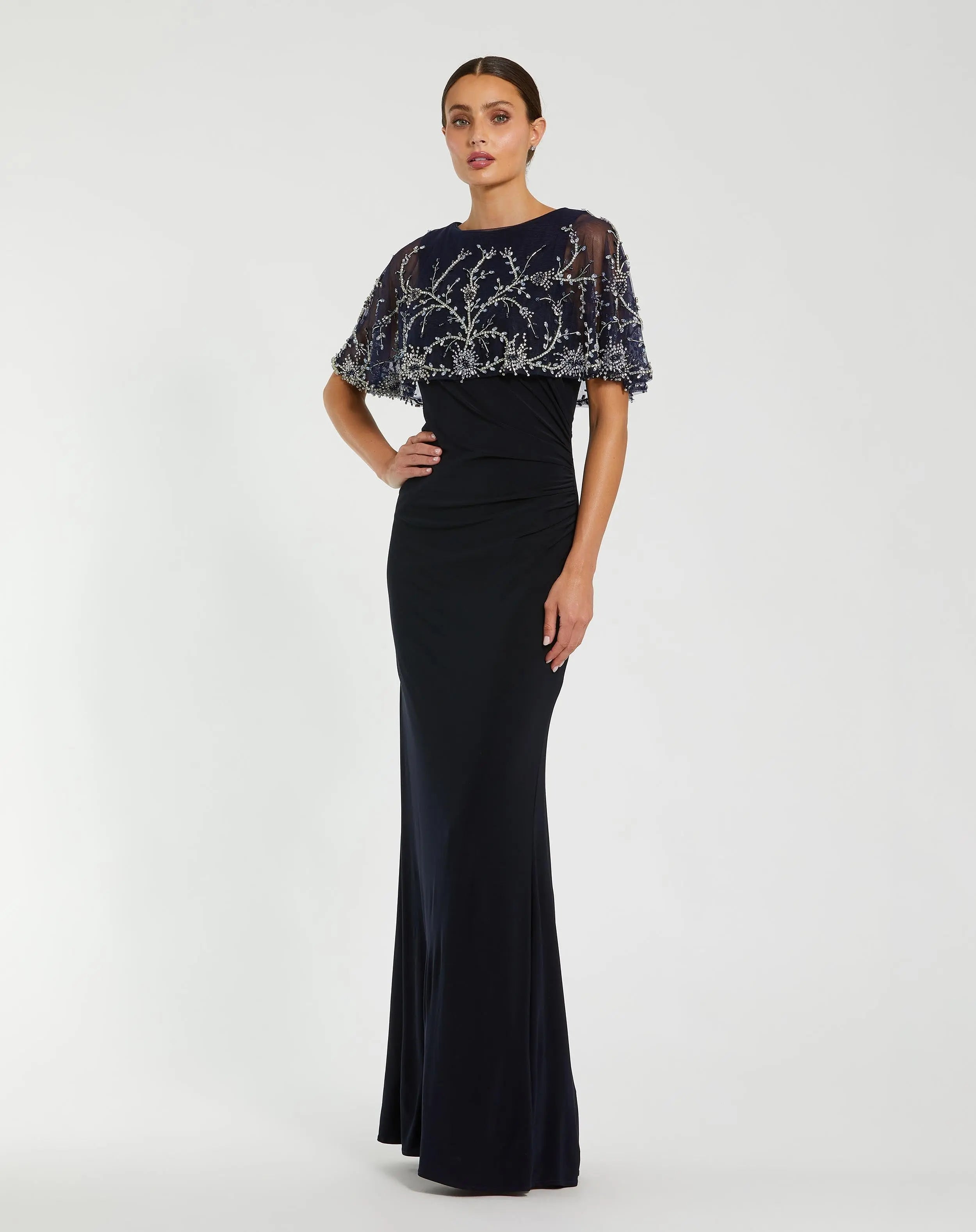 Mac Duggal Fitted Jersey Embellished Cape Gown - Midnight Mac Duggal Fitted Jersey Embellished Cape Gown - Midnight