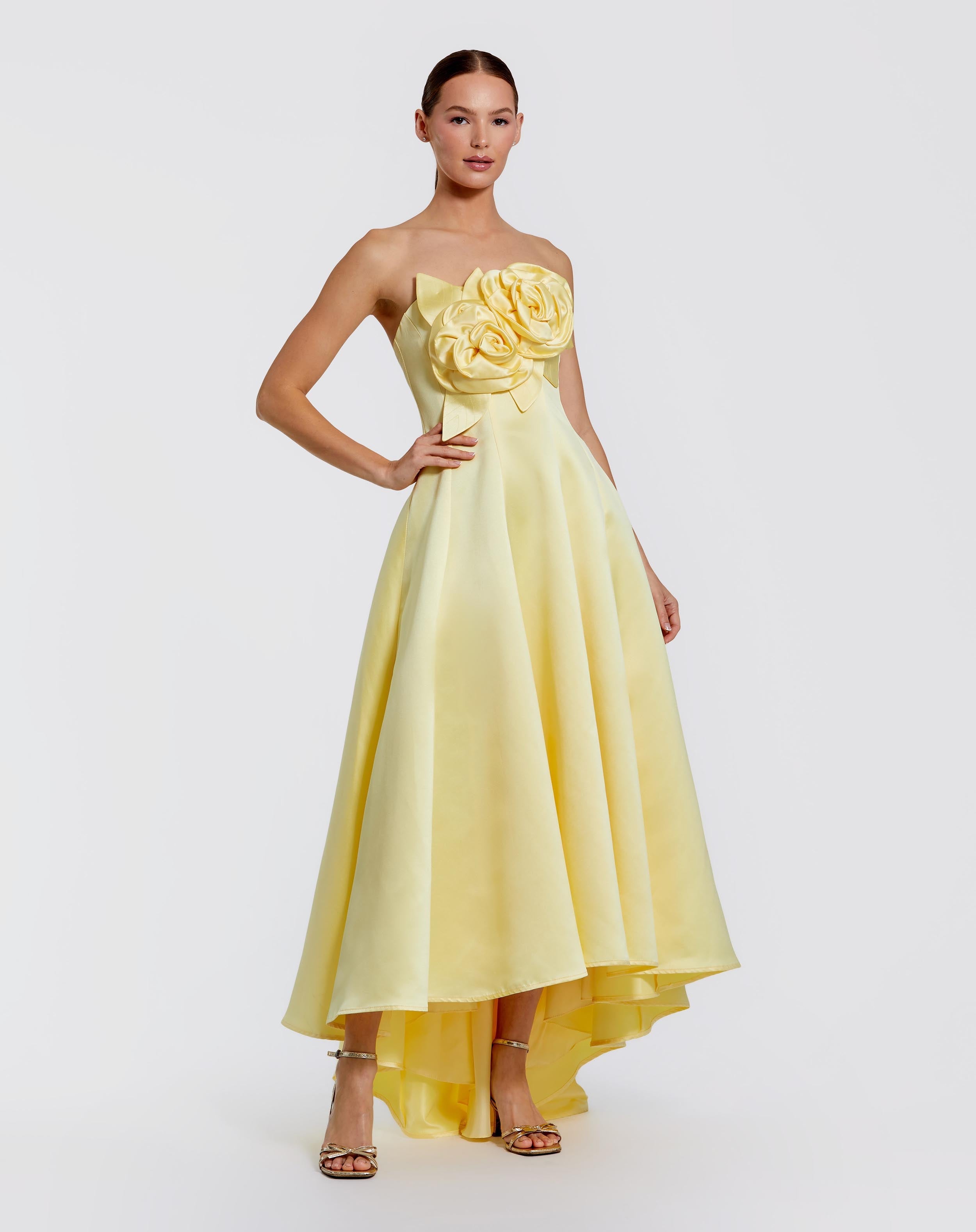 mac duggal yellow prom dress Mac Duggal Embroidered Tulle A-Line Midi Dress