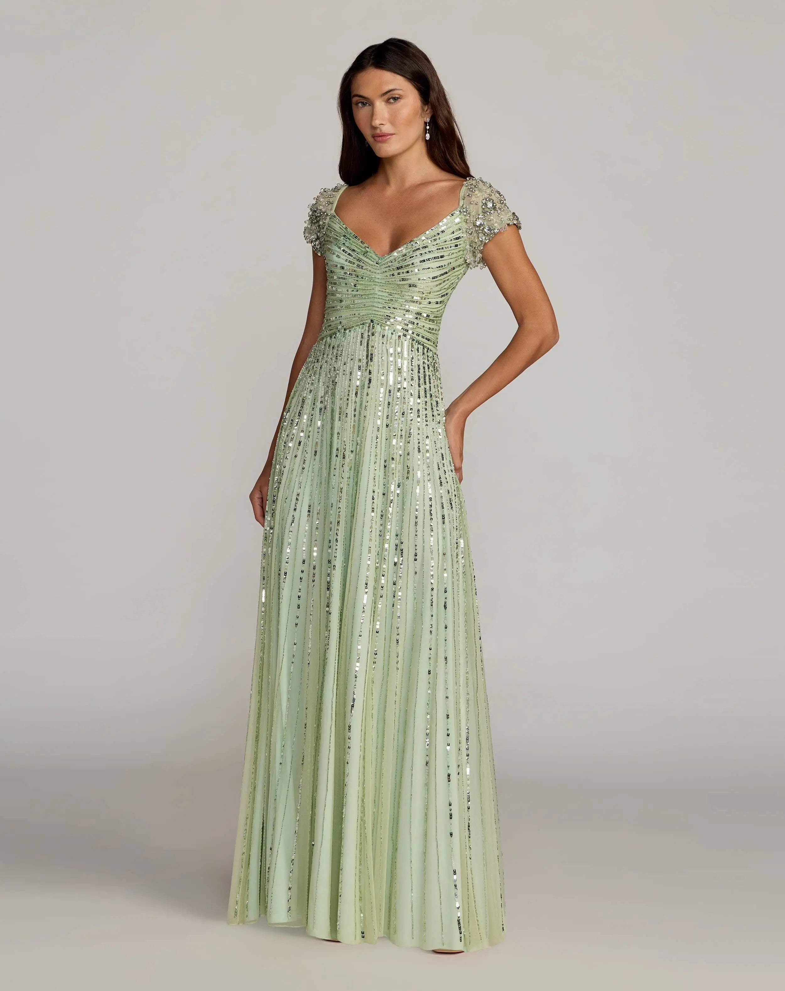 mac duggal green sequin dress - Jeweled V Neck Midi Ieena for Mac Duggal Caitlin Clark models $20K Side Cape Color:Beige(Pre-Sale 15days)