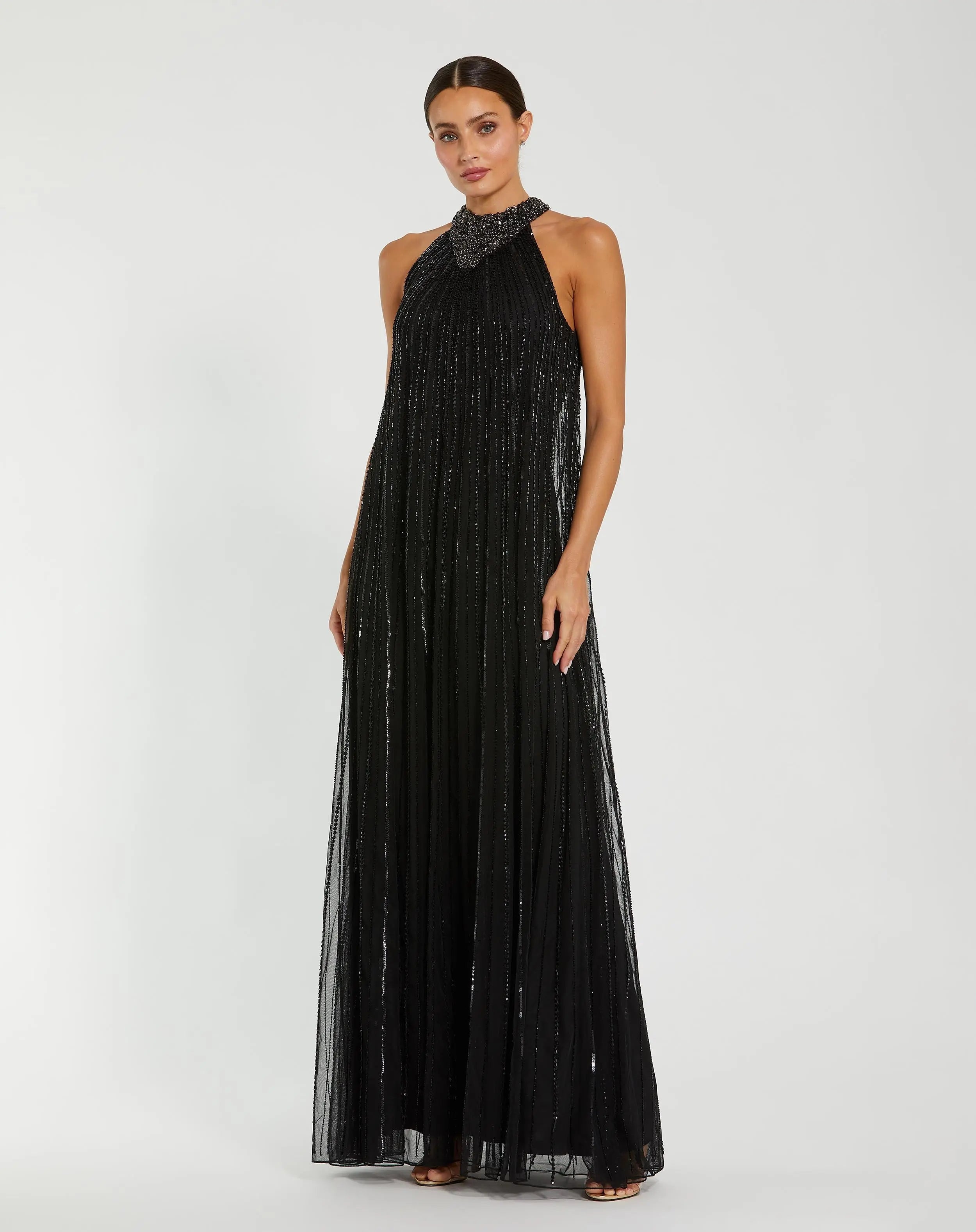 Mac Duggal - Sleeveless Halter Neck Embellished Trapeze Gown - Black Mac Duggal - Sleeveless Halter Neck Embellished Trapeze Gown - Black