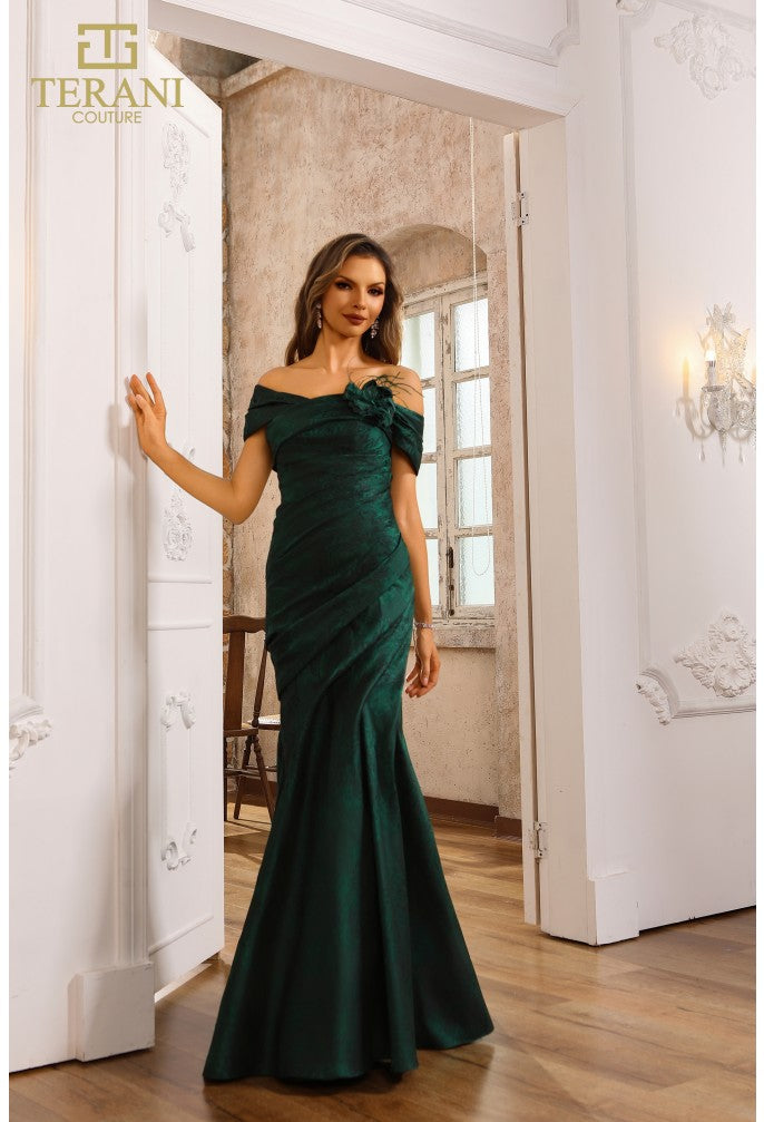 terani green dress Terani Couture 251m4437 Sleeveless Jacquard Off Shoulder Trumpet Dress