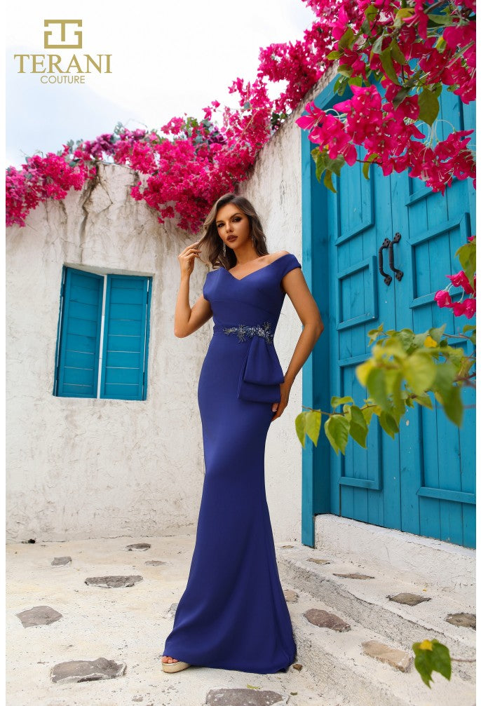 Terani Couture 251m4440 Off The Shoulder Sheath Long Sleeveless Dress