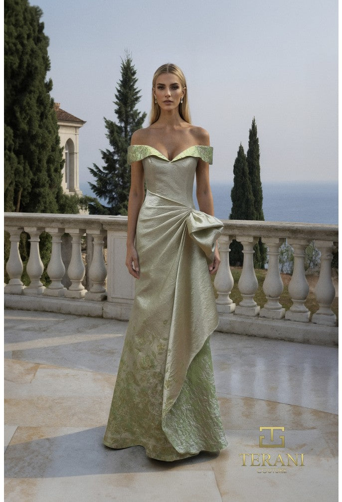 Terani 261M6451 Off-The-Shoulder Sleeveless Ruched Column Mother of The Bride Dress SILVER-LT-GREEN / 2
