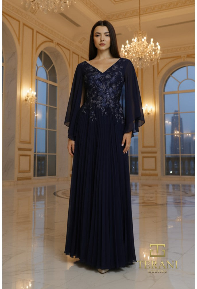 Terani Couture 261M6681 V-Neck Flowing Cape Sleeves A-Line Mother of The Bride Dress NAVY / 6 Terani Couture 261M6681 V-Neck Flowing Cape Sleeves A-Line Mother of The Bride Dress NAVY / 6