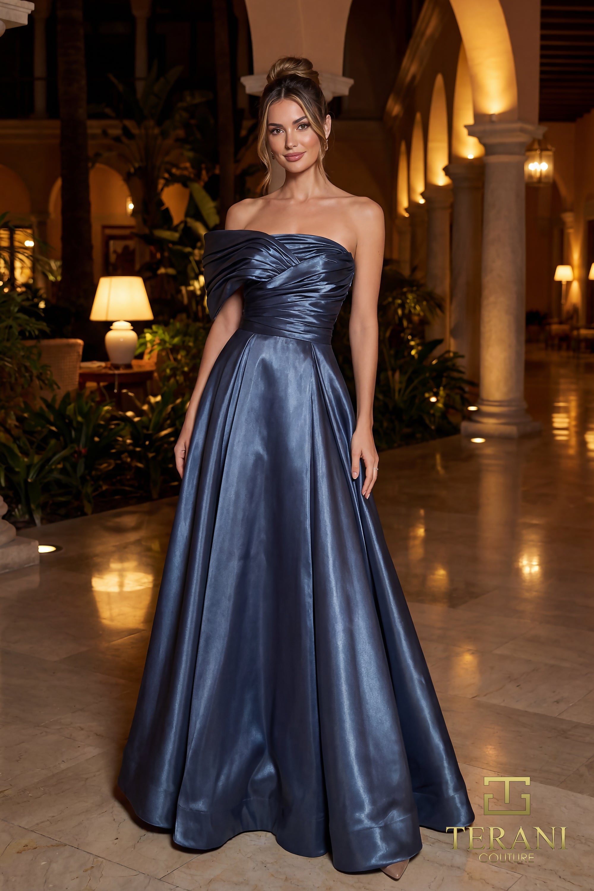 Terani 262E7103 Sweetheart Asymmetrical Sleeveless Structured Dress STONE / 18