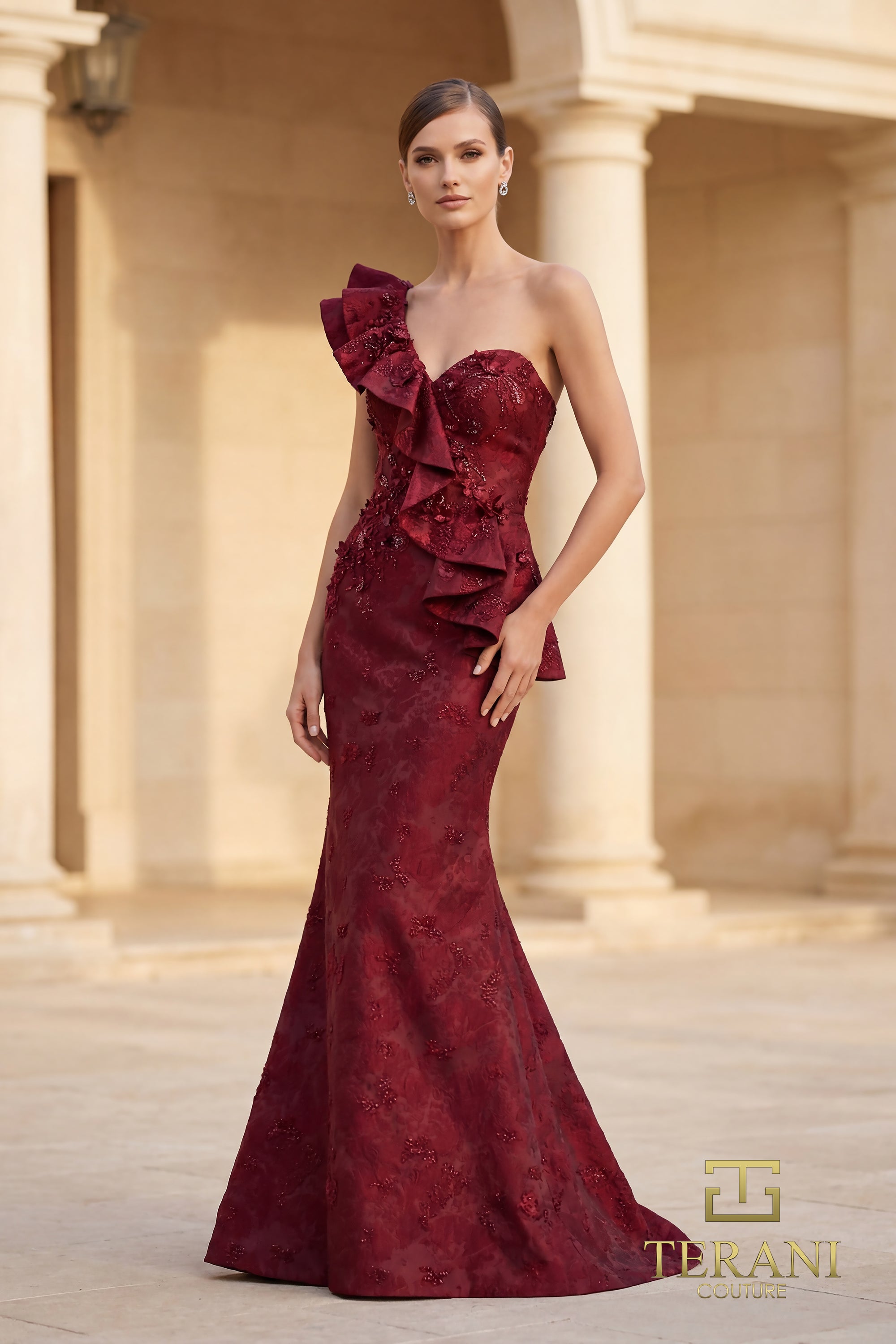 terani one shoulder dress Terani Couture 2021E2839 Satin One Shoulder Ruffle Dress