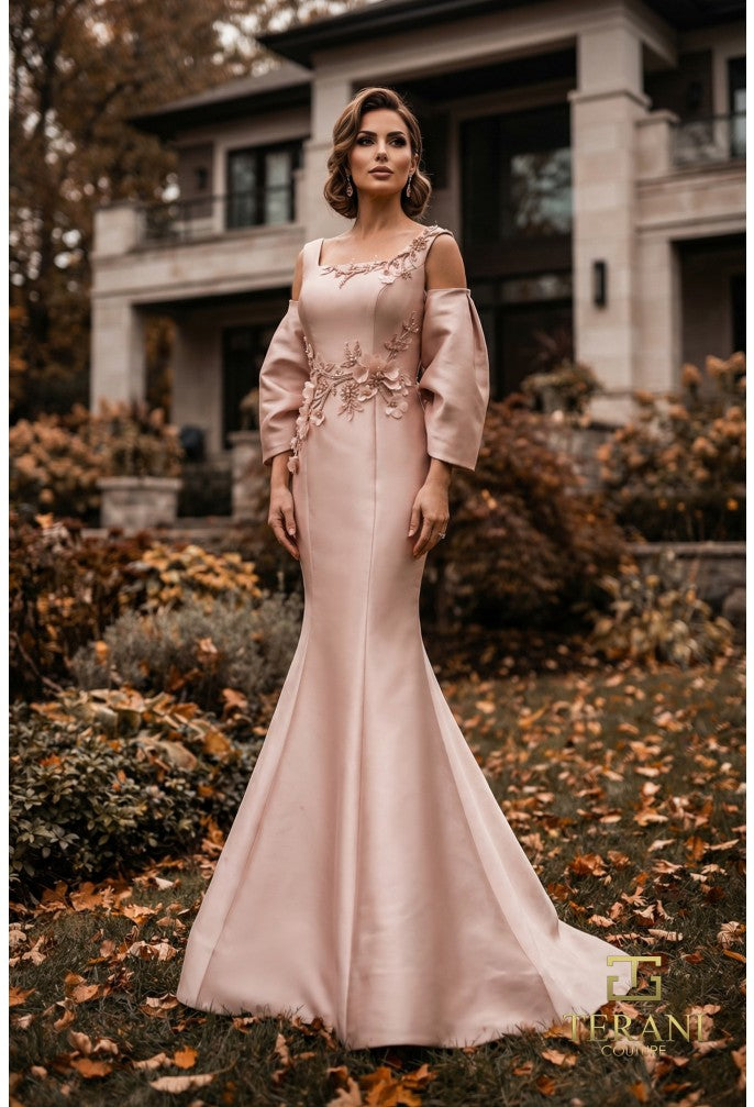 Terani 262M7253 Square Neckline Cold-Shoulder Puff Sleeve Structured Dress, TAUPE / 8