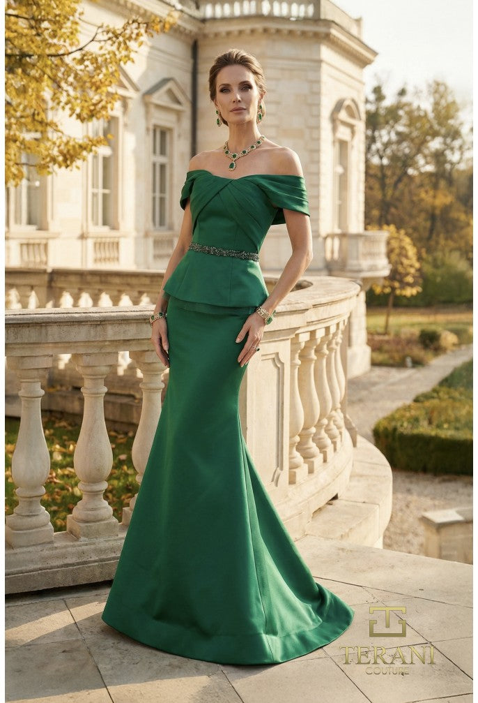 green satin fit and flare dress Terani 262M7279 Off-the-Shoulder Sweetheart Cap Sleeve Fit-and-Flare emerald green prom dress