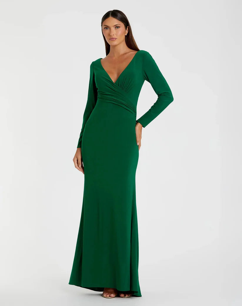 Mac Duggal Faux Wrap Long Sleeve Column Gown - Powder Blue - 20