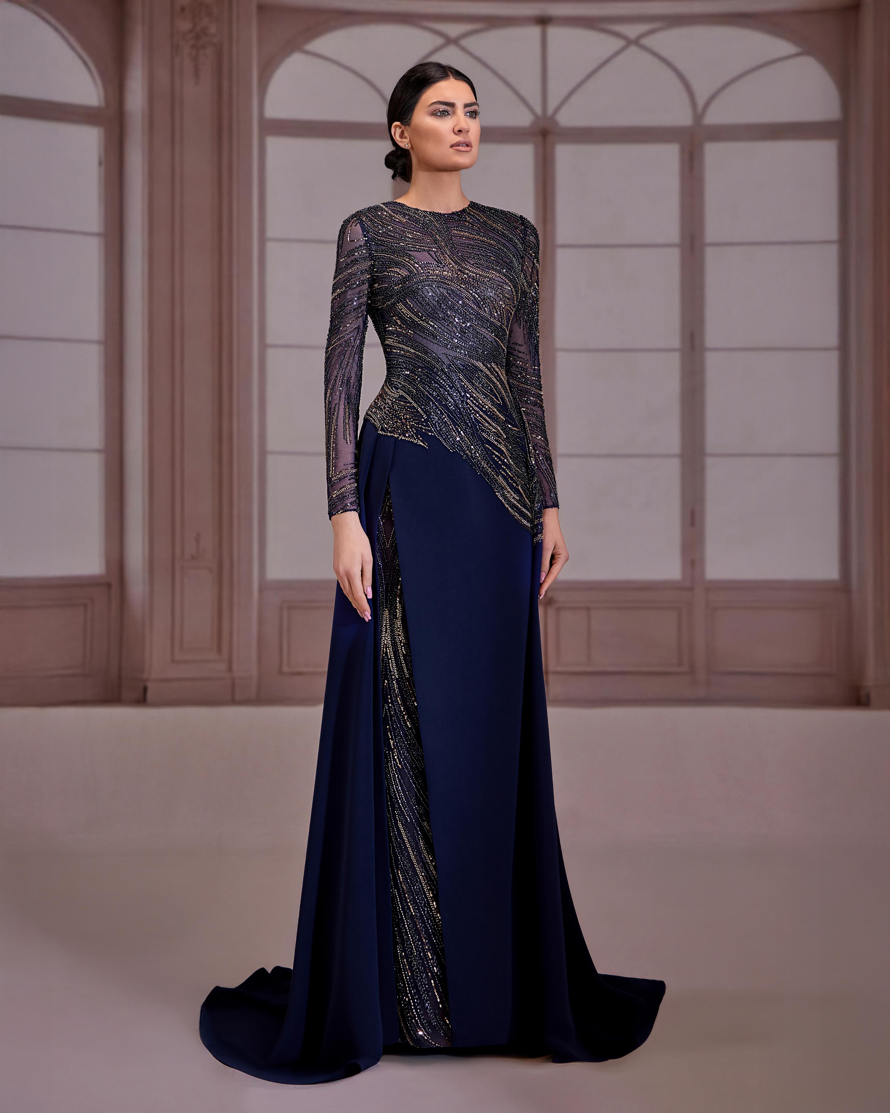 Reverie Couture FW265 Asymmetrical Beaded Crepe Dress Navy Blue / 0