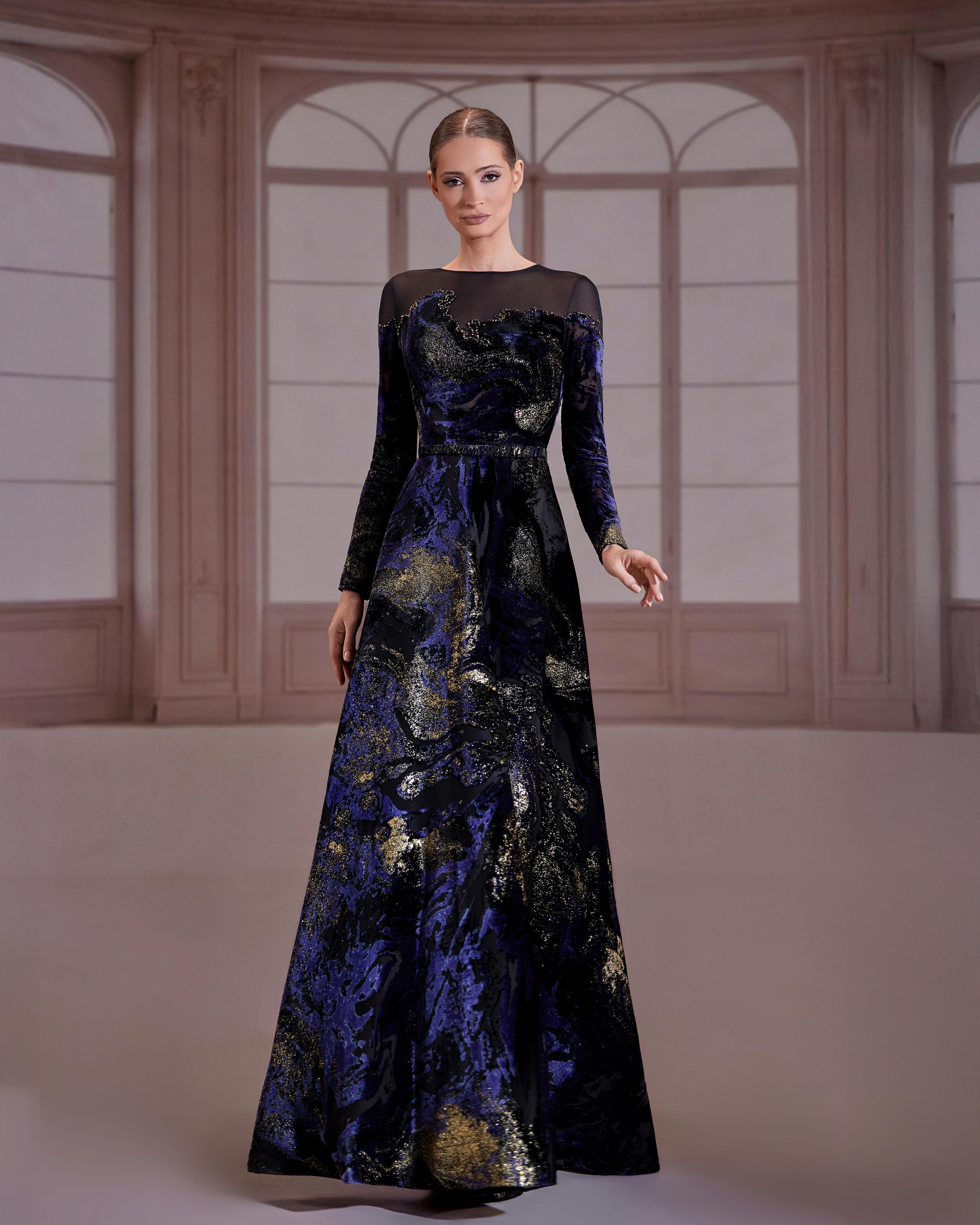 a line dress modest Reverie Couture FW266 Velvet A-Line Navy Blue / 10 in cups Color:Pink & Navy Floral Jacquard fit:runs big. size down 1/2 size. Print Midi Graduation Dresses