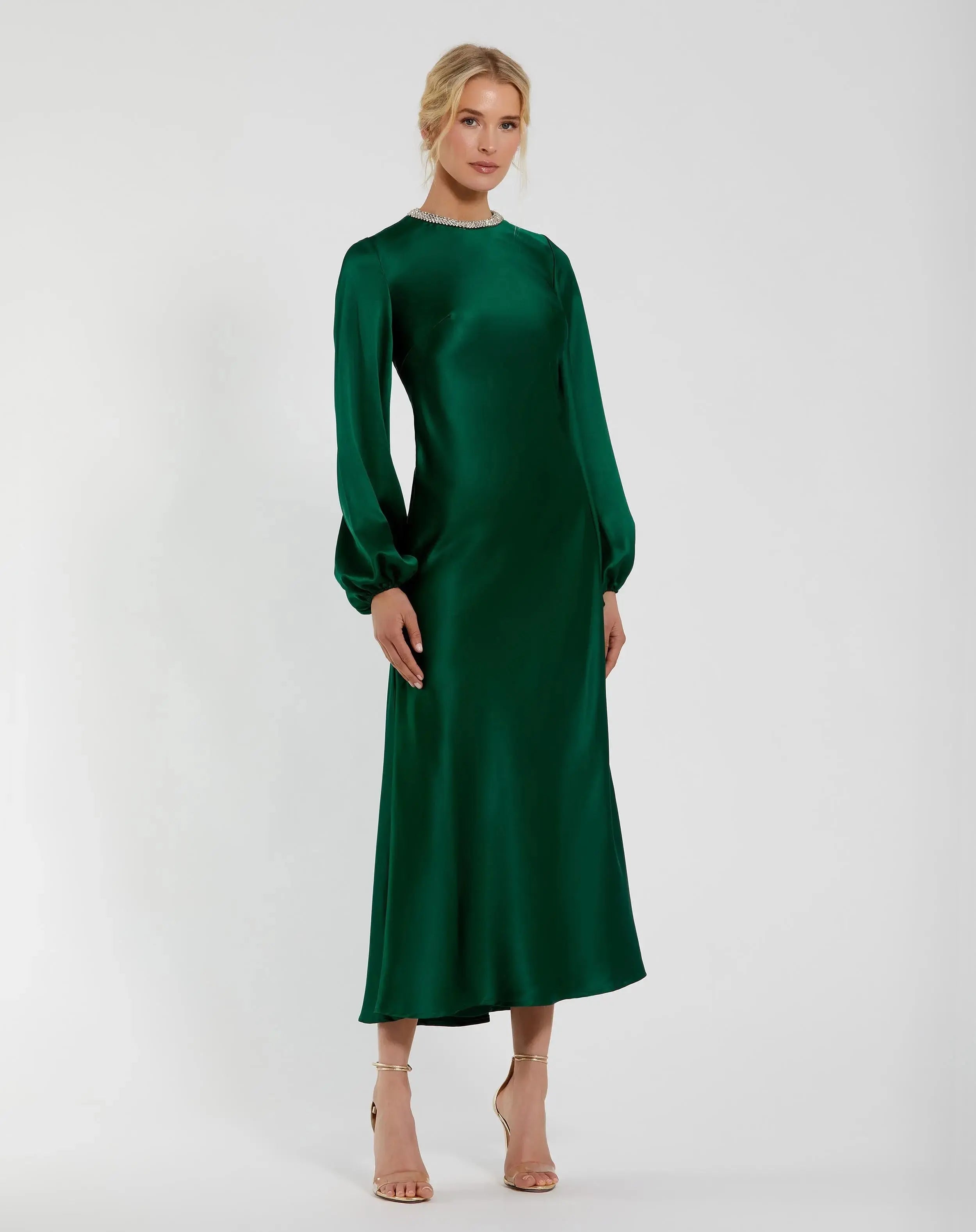 Mac Duggal Women's High Neck Long Sleeve Crystal Detail Dress - Green - Size 10