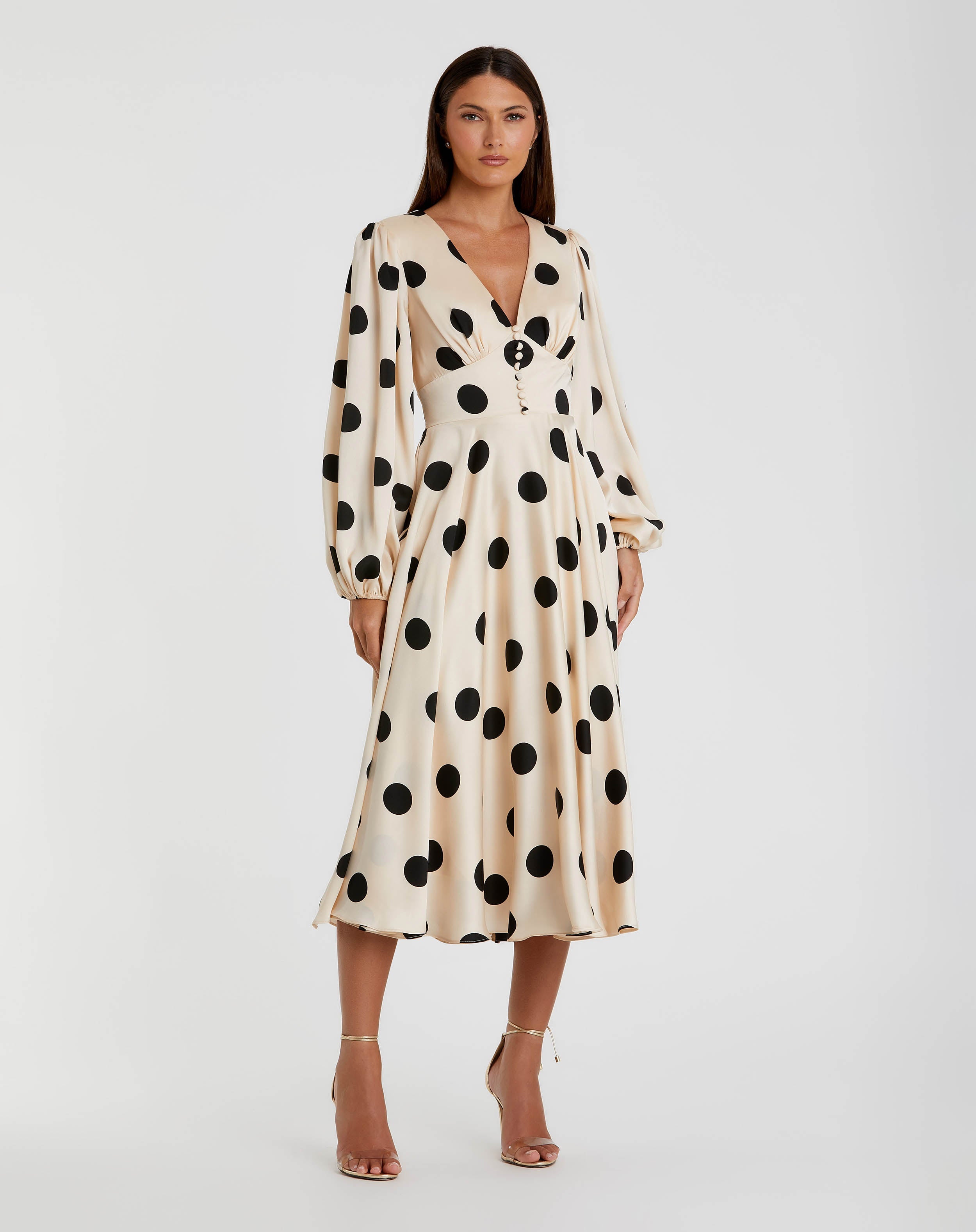 mac duggal midi dresses Women's Polka Dot Charmeuse Long Sleeve V Neck Dress - Multi - Size 16 Size:IT 42.5 - US 11.5 to 12 balanced by the movement Seven Wonders Yellow Professional Jalisco Folkloric
