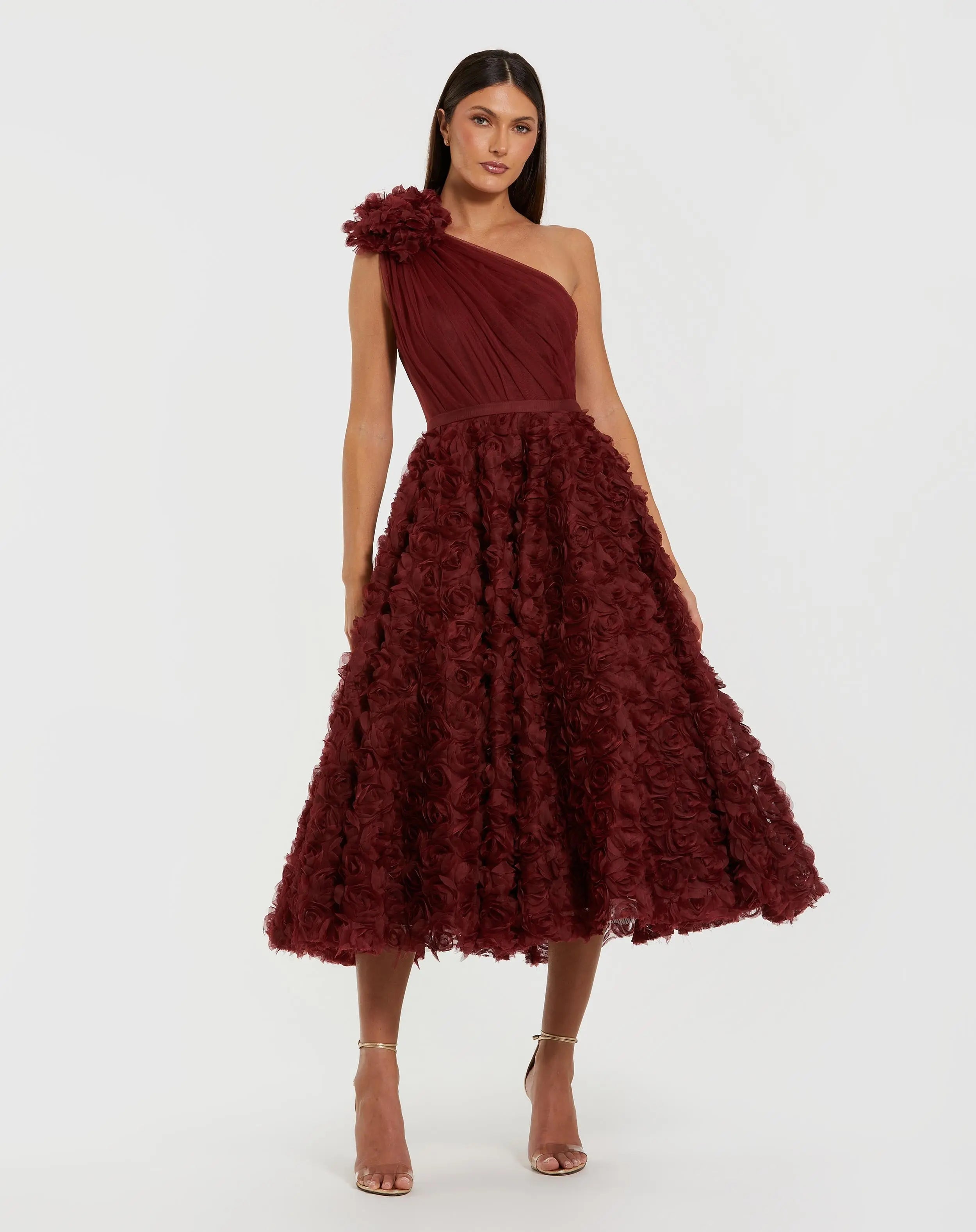rosette midi dress Mac Duggal 27698 One Shoulder 3D Floral Rosette is designed to Women's DRAPER JAMES RSVP™ Lunar New Year Edit color:Navy