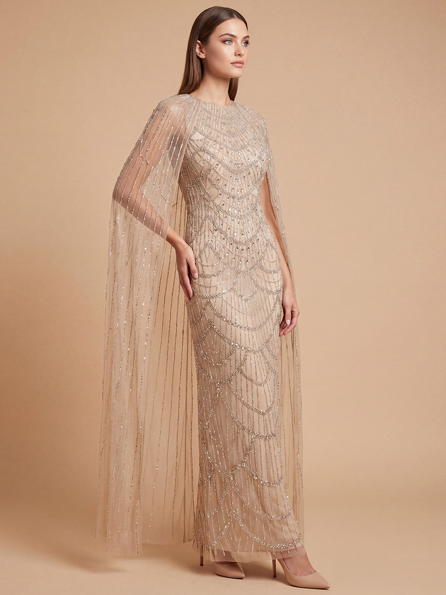 Lara 28840 High Neck Beaded Dress with Long Cape Nude / 8