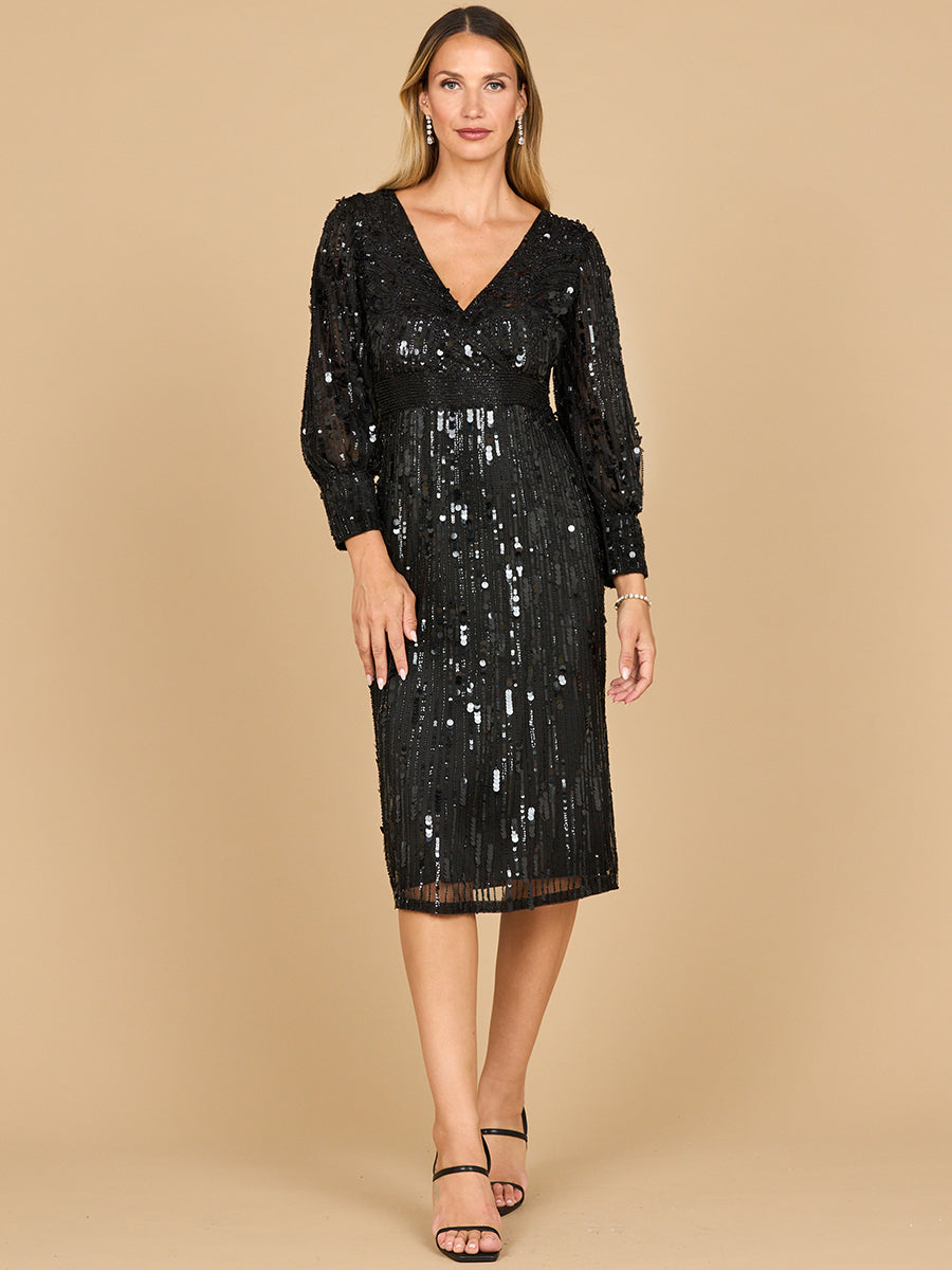 Lara 28855 V-Neck Long Sleeve Fitted Waist Mother of The Bride Dress Black / 4