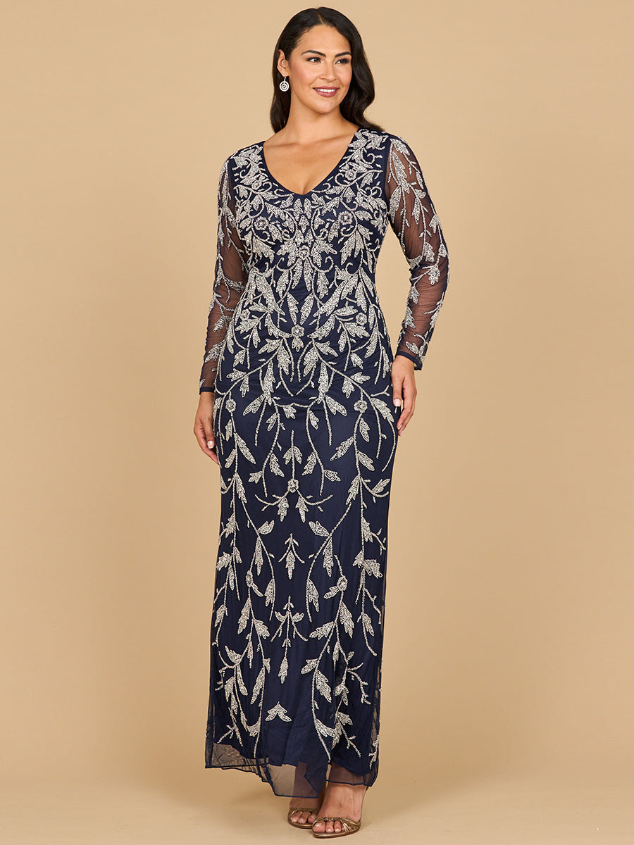 Lara 28870 V-Neck Long Sleeve Beaded Evening Dress, Navy / 6