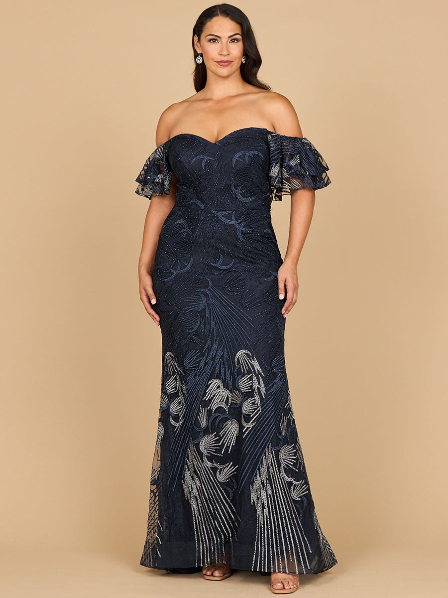 off the shoulder embroidered dress Lara 28884 Sweetheart Off Shoulder Embroidered Evening Dress Navy Ombre / 16
