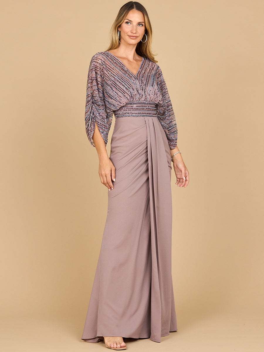 3 4 sleeve beaded dress Beaded 3/4 Sleeve Tulle Gown by Cinderella Divine B707