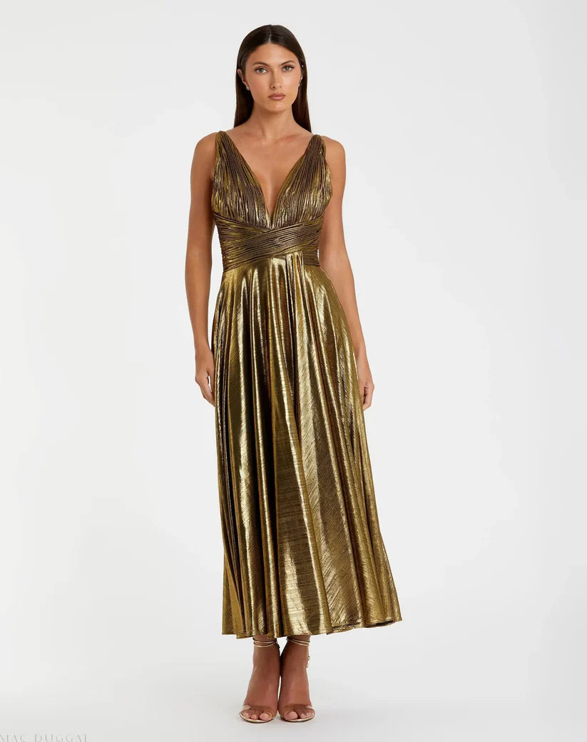 mac duggal dresses gold Gold Metallic Jersey Cowl Back Column Gown main image 0