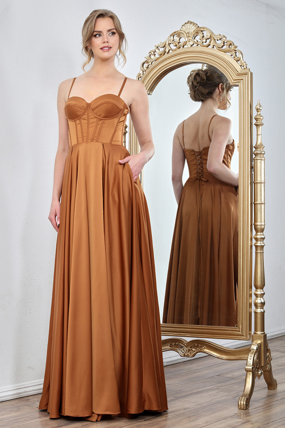 bronze orange dress Women's Cowl Neck Sleeveless Satin Midi Dress, Bronze