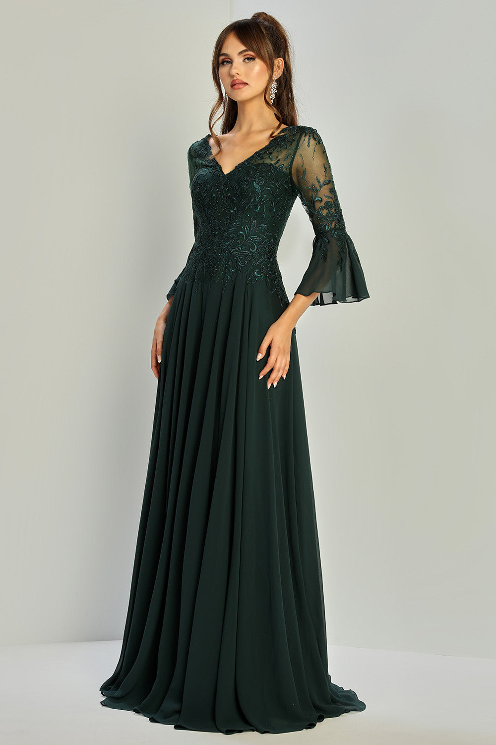 Adora 3317-03 V-Neck 3/4 Sleeve Beaded Lace Bodice Mother of the Bride Dress DARK GREEN / 8W Adora 3317-03 V-Neck 3/4 Sleeve Beaded Lace Bodice Mother of the Bride Dress DARK GREEN / 8W