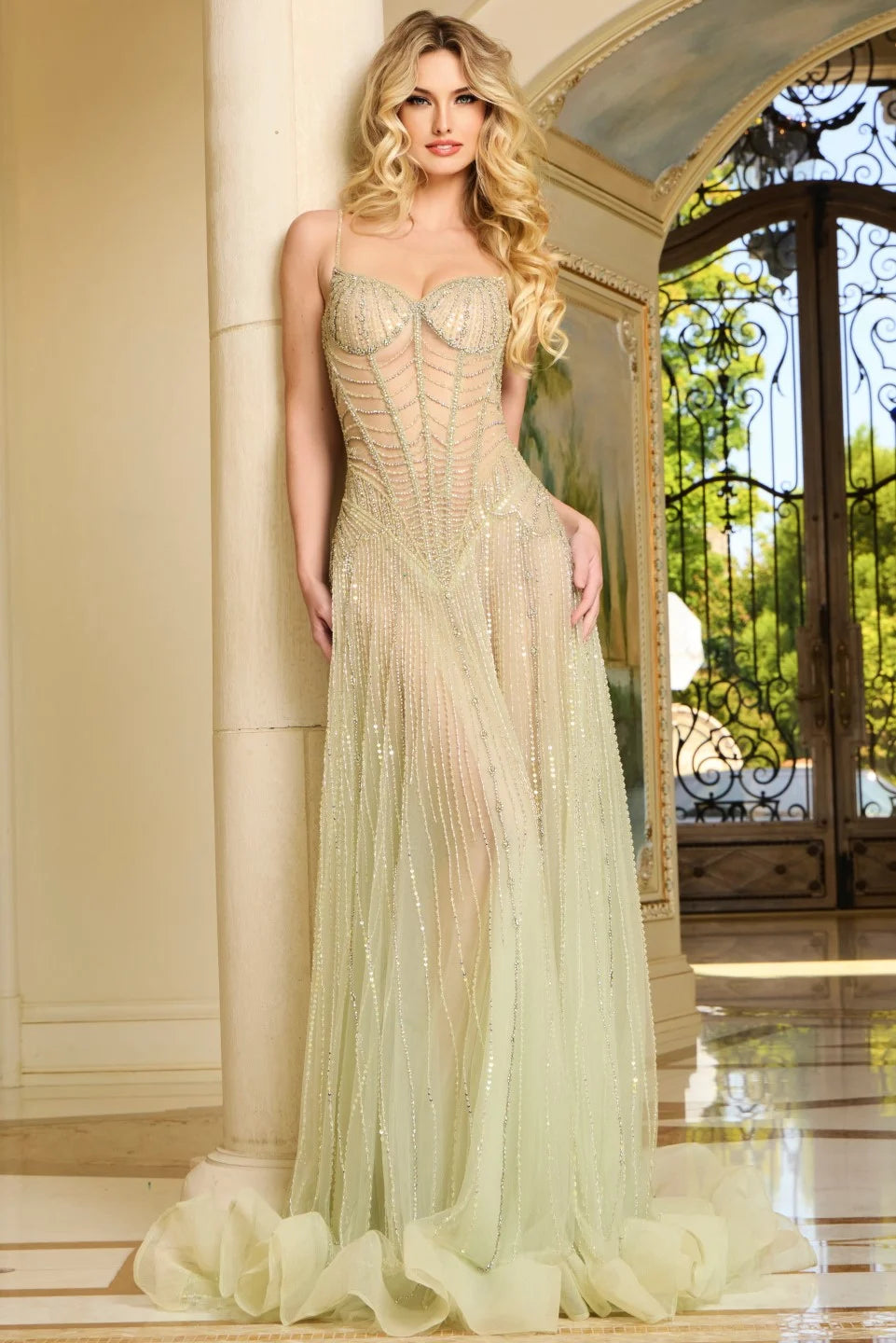 sheer beaded dress Jovani 37593 Sheer Beaded Gown with Sweetheart Neckline
