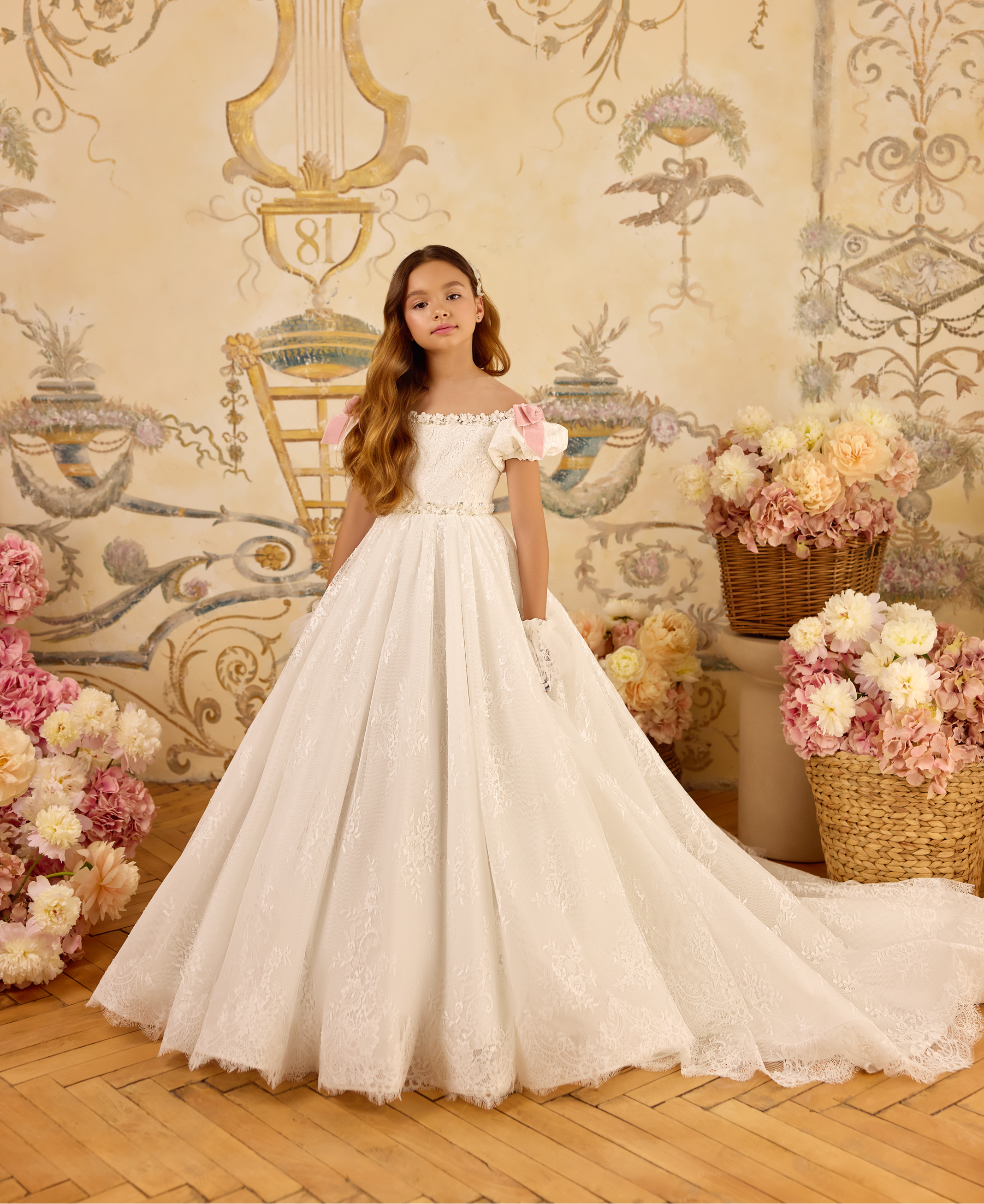 designer kids dress Pentelei 3802 Off-the-Shoulder Puff Sleeve Ball Gown Ivory / 36 (11-12 YEARS) shoulder neckline is supported COLOR:MINUIT Pageant Dresses Shop Green Dresses for
