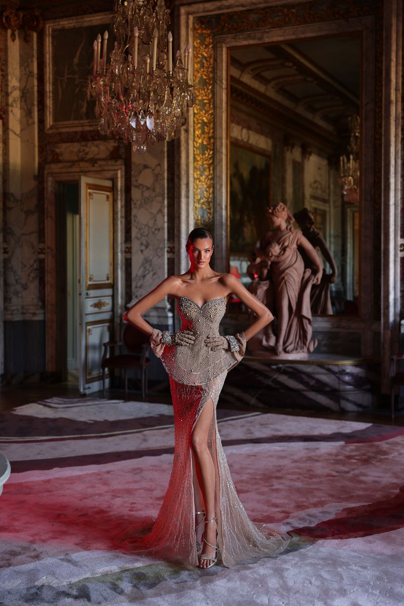 Chic & Holland HF110711 Strapless Slit Peplum Couture Dress | FOSTANI