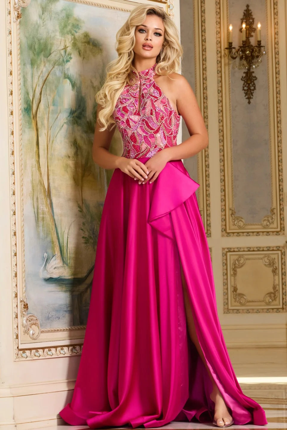 jovani beaded halter dress Beaded Halter Gown with Sculpted Silhouette 49812