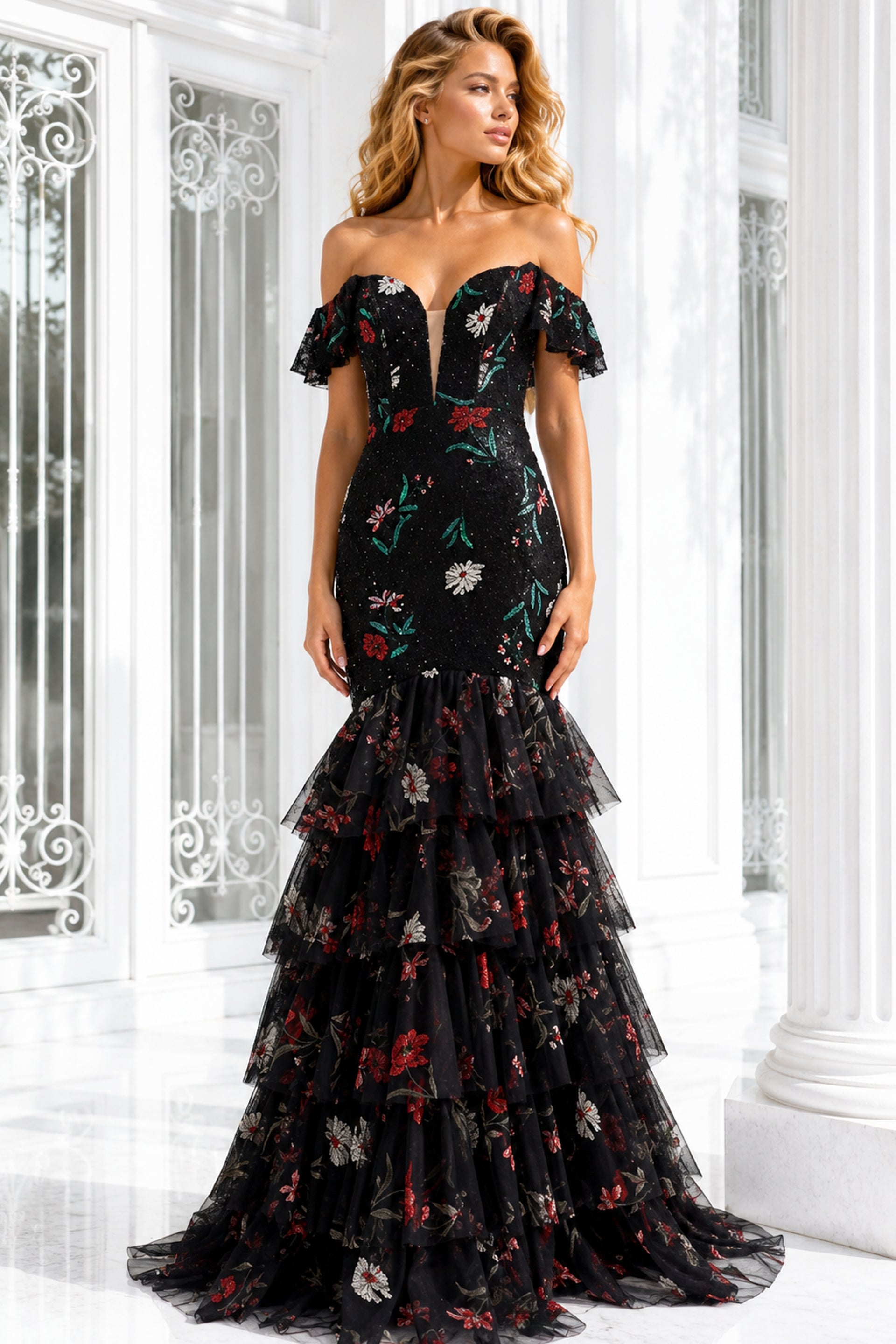 flutter sleeve corset dress Jovani 43941 Off-the-Shoulder Evening BLACK/MULTI / 2 5-19-2025 Size:42 / US 16.5 Ivory midi dress Lined Thailand Pink blush floral