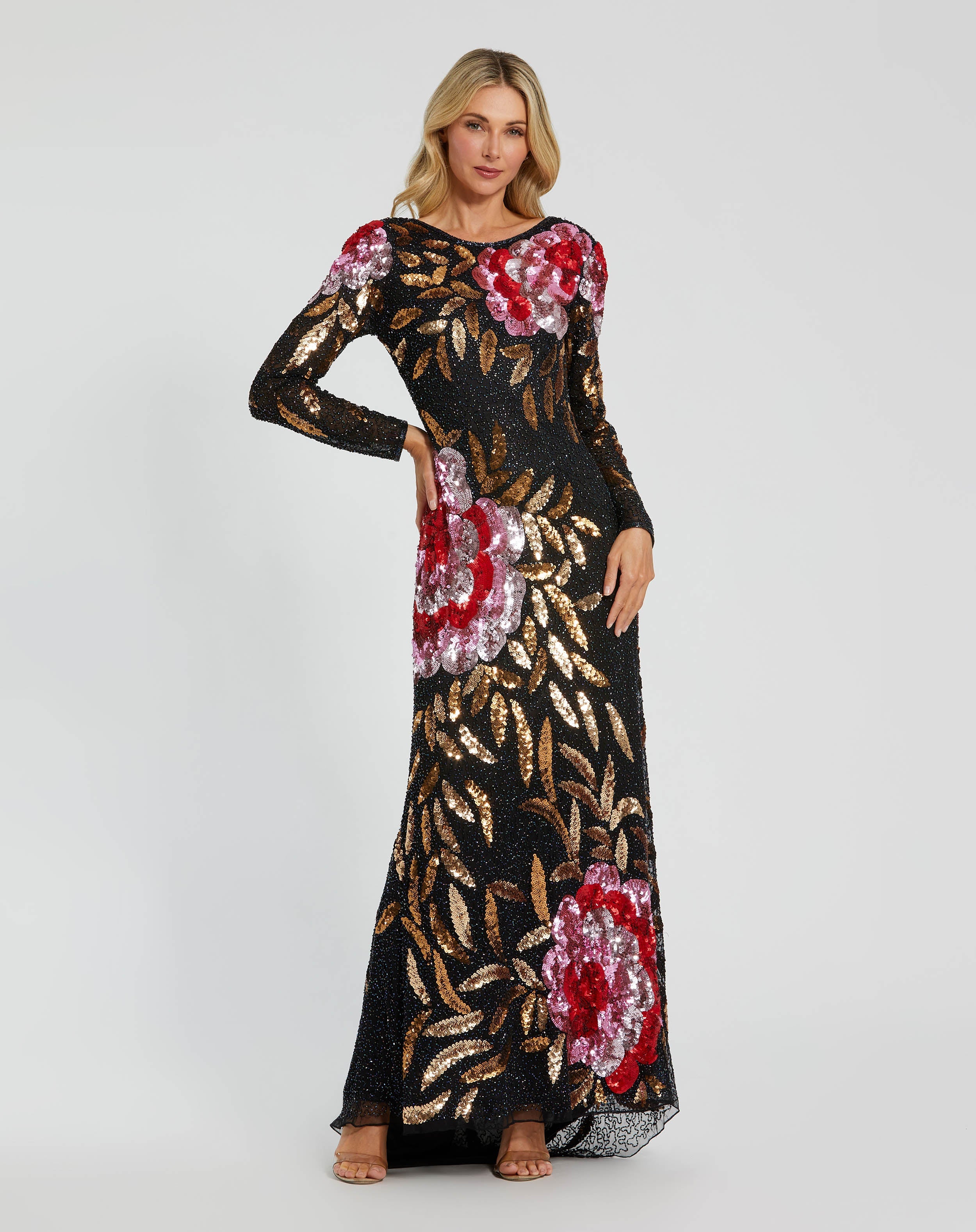 mac duggal black embellished floral long sleeve dress Mac Duggal Embellished Floral Sequin Long Sleeve Gown