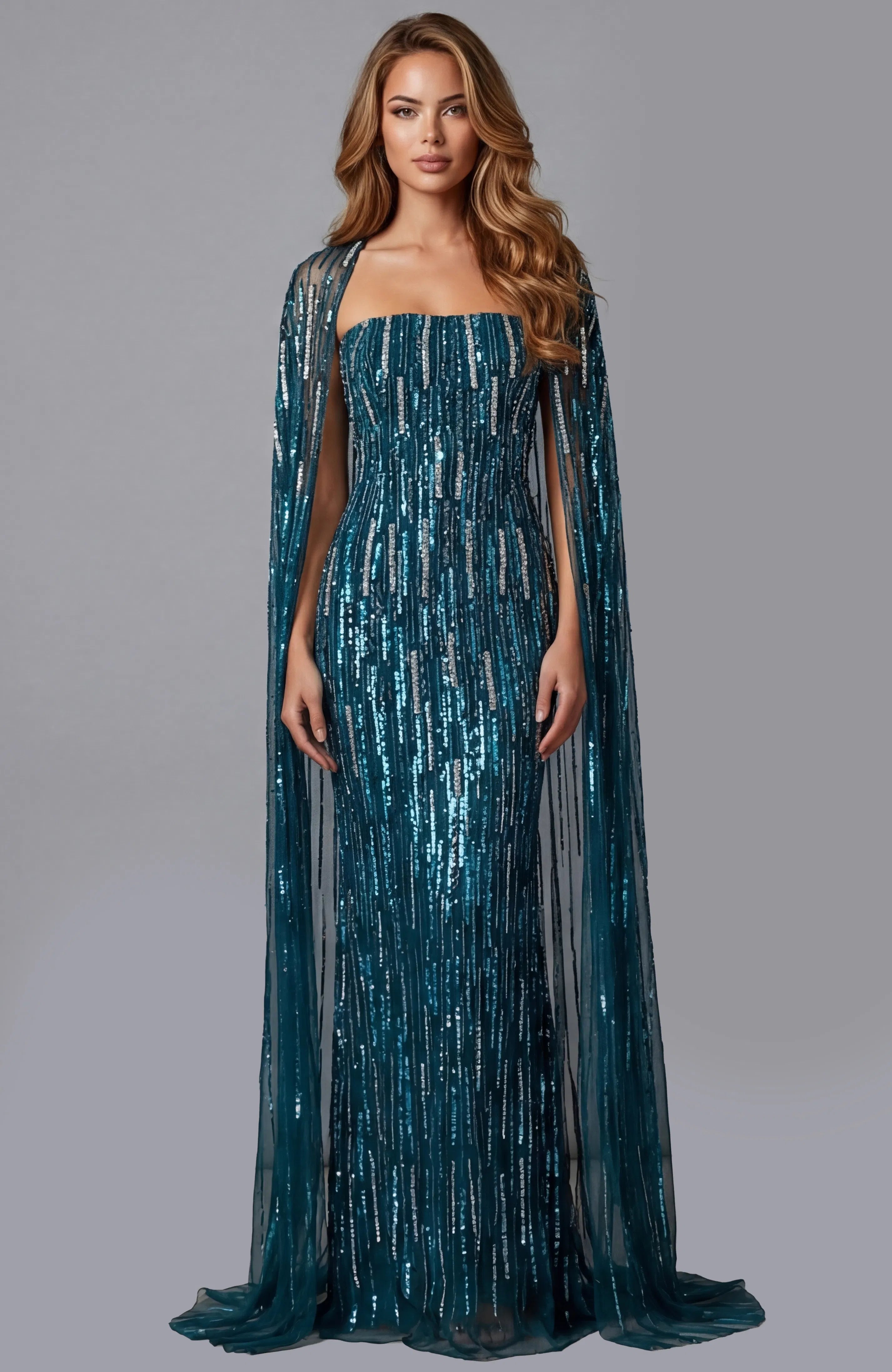 Jovani 46065 Straight Across Neckline Sleeveless Cape Mother of the Bride Dress TEAL / 8