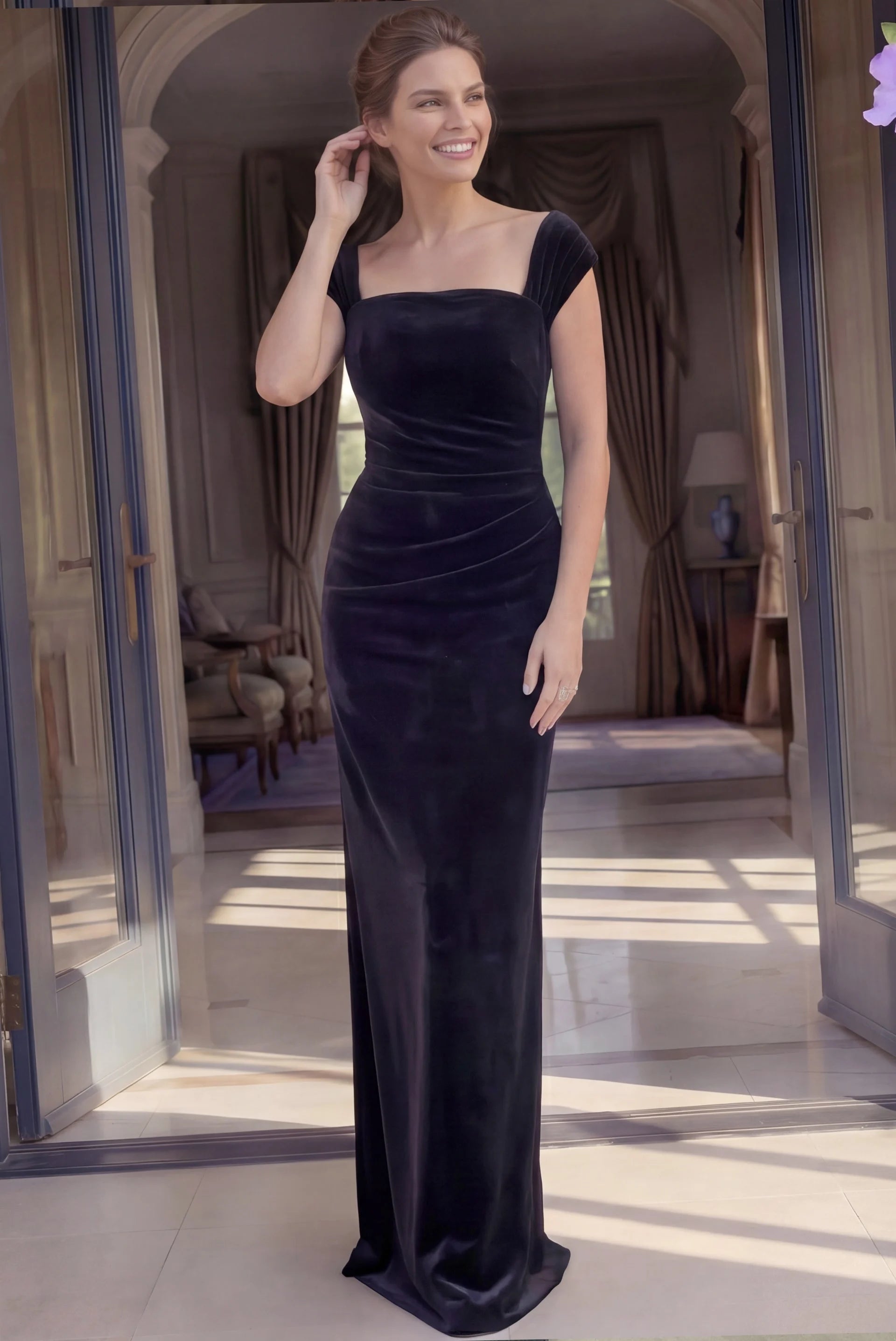 square neck velvet dress Jovani 47104 Square Neck Velvet Gown With Cap Sleeves Black / 4