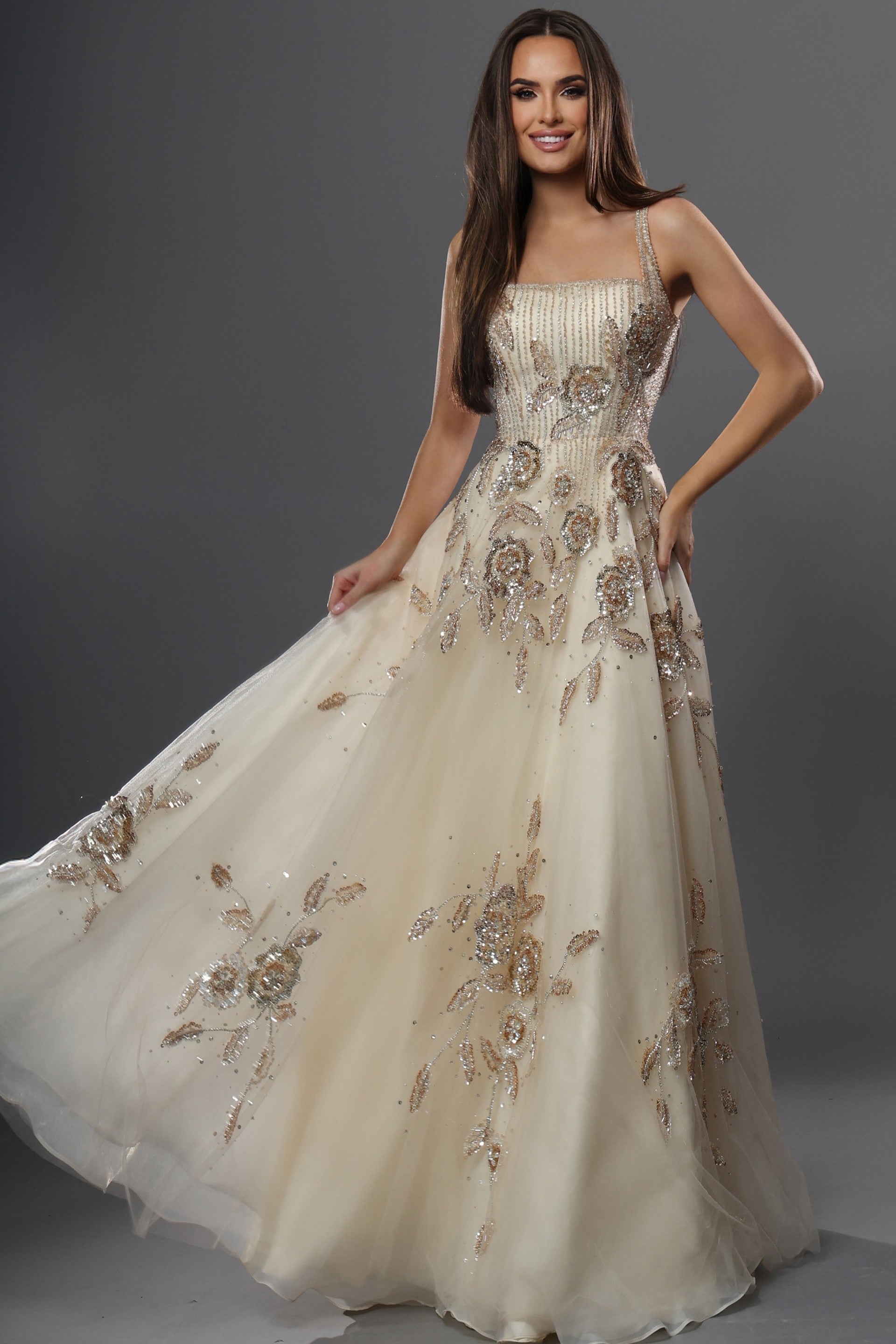 Jovani 49697 Square Neck Sleeveless Crystal-Embellished Evening Dress CHAMPAGNE / 0