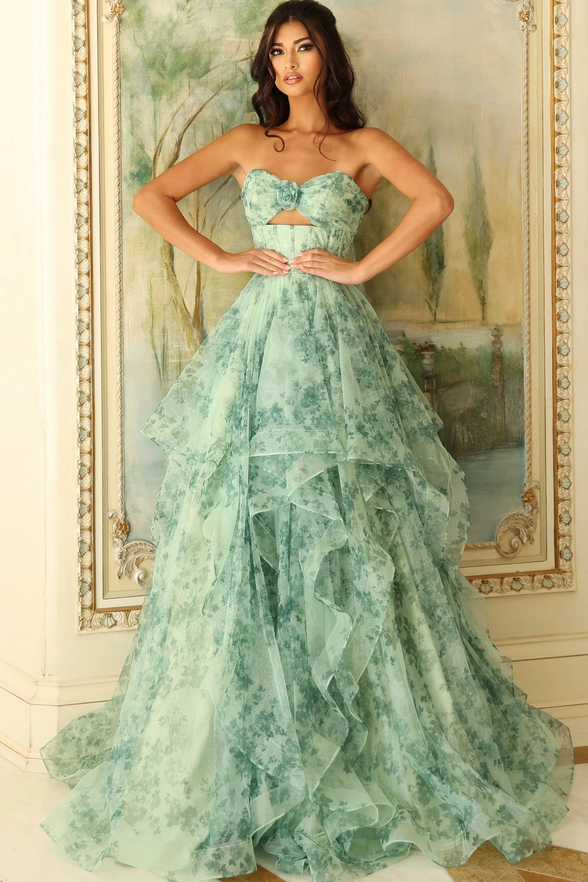 green lace jovani dress Jovani 38004 Long Prom Dress Mermaid Tulle V Neck Beaded Sequin Corset Train Formal Pageant Gown 12 / yellow