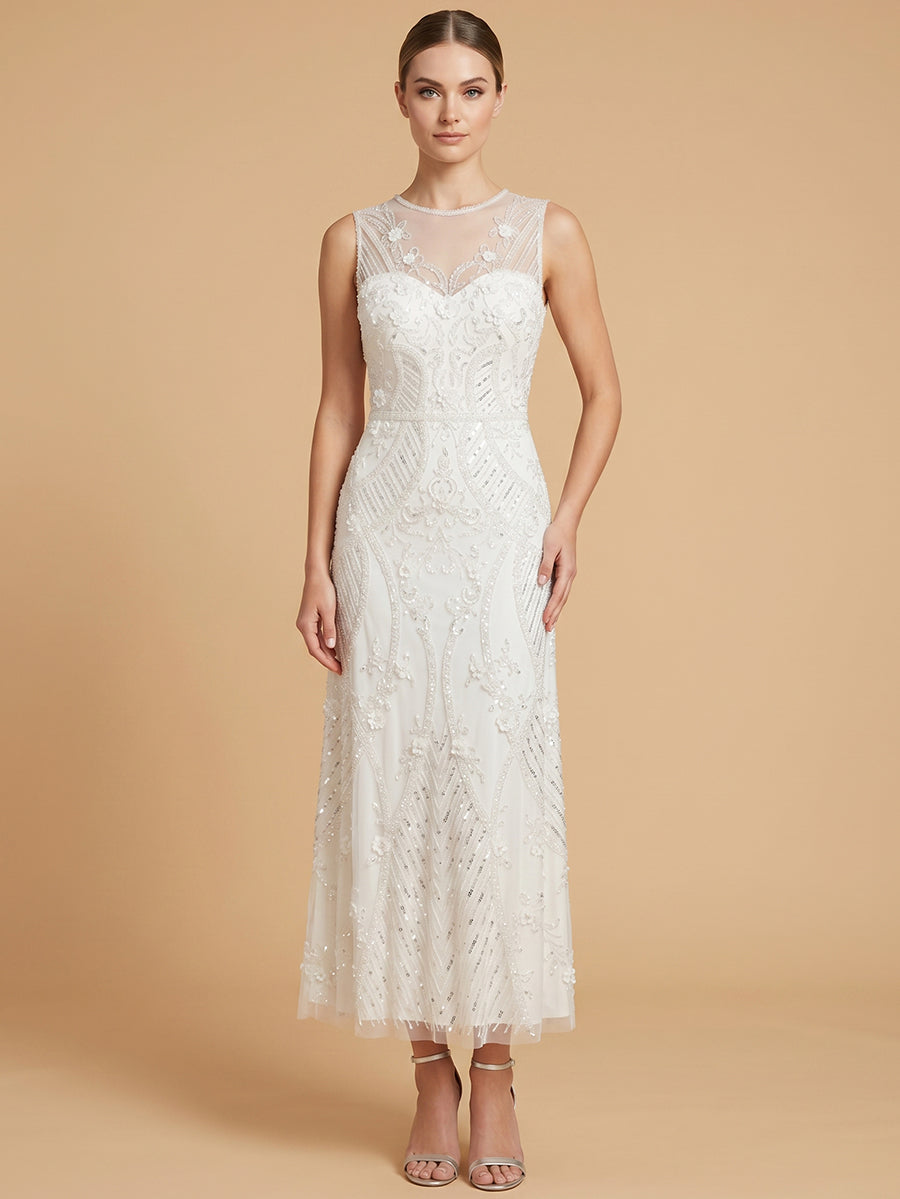 beaded white midi dress Lara 51230 A-Line with Illusion Neckline or no bra Color:GREAT WHITE Reye Knit Maxi Dress 70s Cocktail Dress Sz