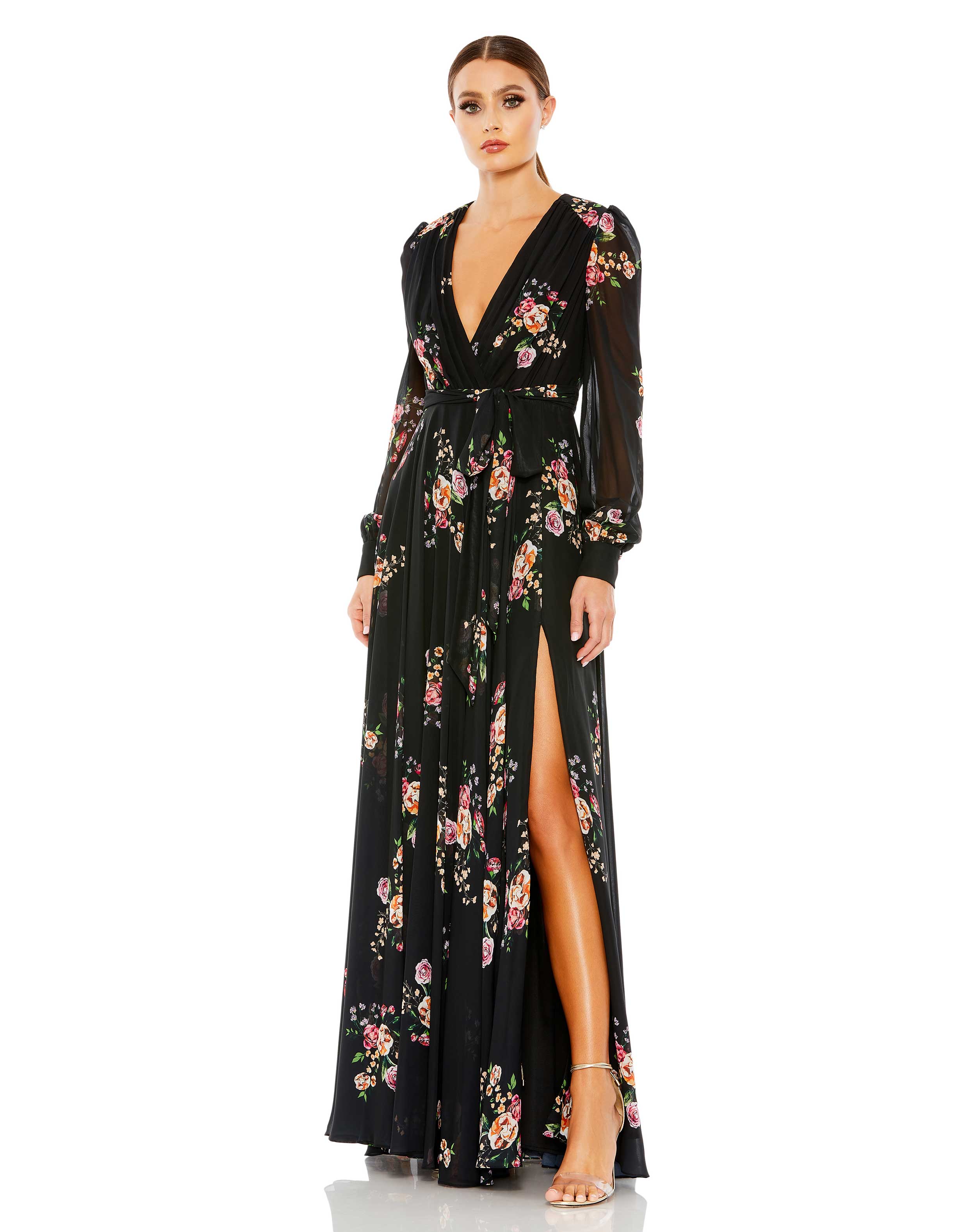 Ieena for Mac Duggal - Black Belted Floral Print Illusion Long Sleeve Gown - Black Multi / US 6 Ieena for Mac Duggal - Black Belted Floral Print Illusion Long Sleeve Gown - Black Multi / US 6